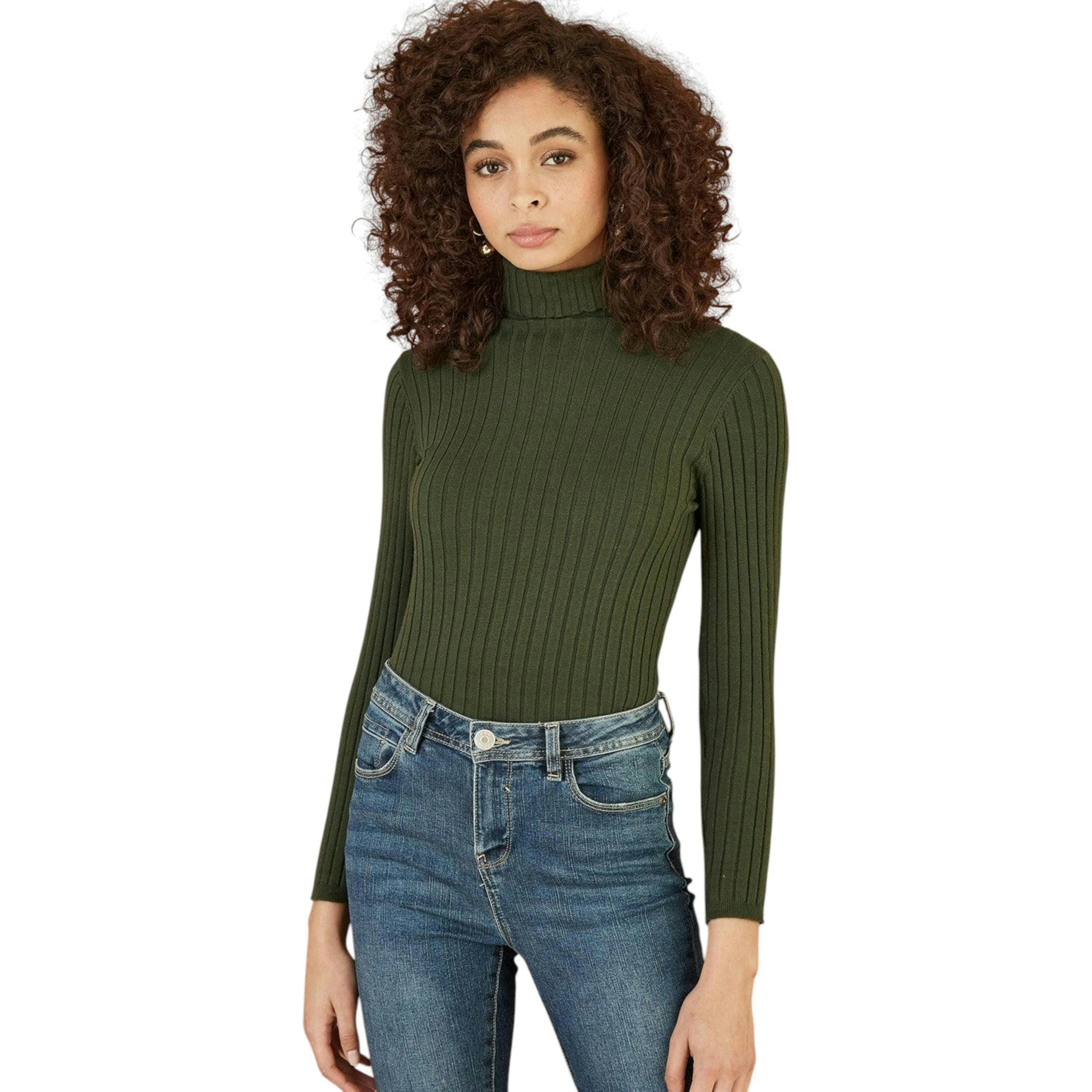 Yumi Green Ribbed Knit Roll Neck Jumper , view 1 of 4