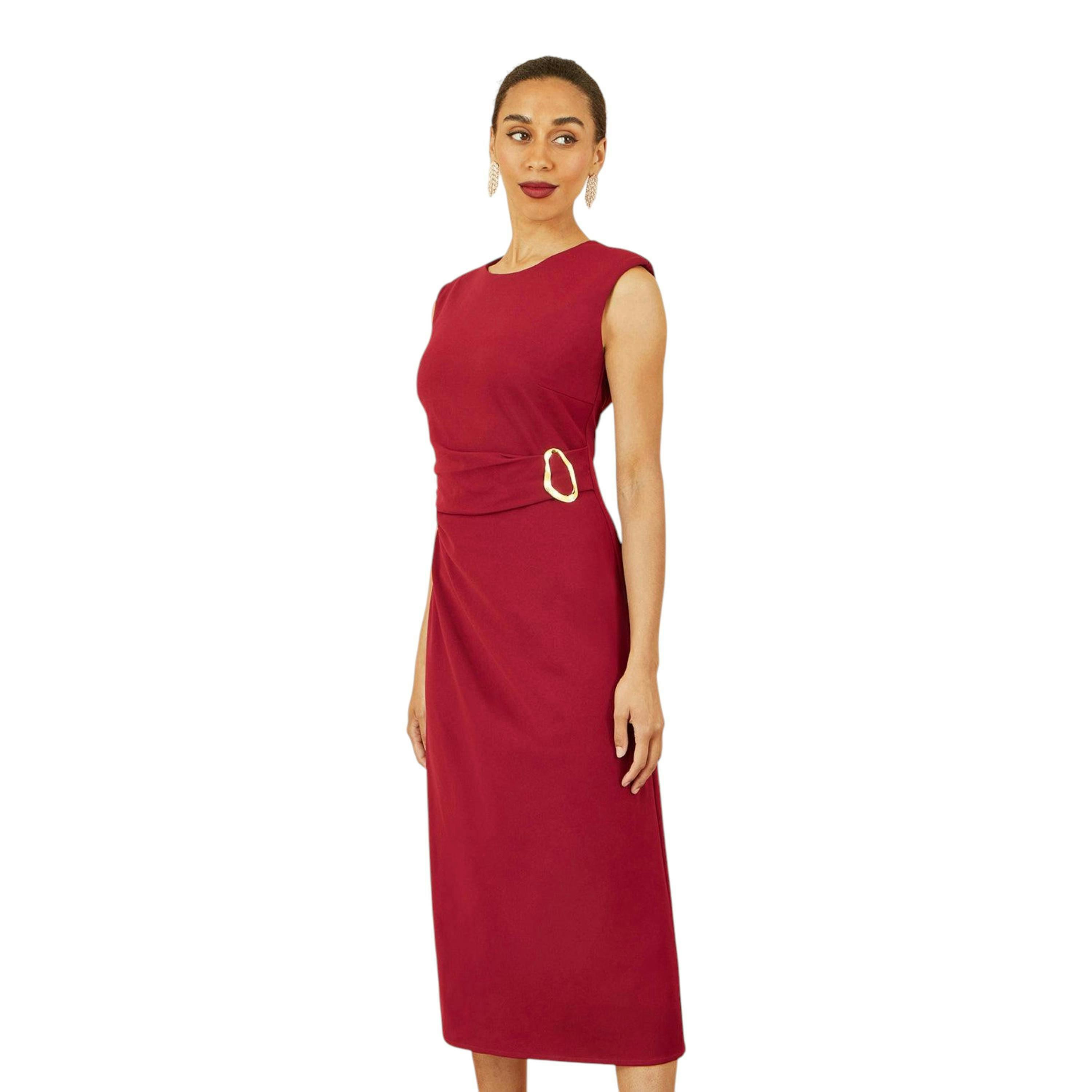Yumi Burgundy Buckle Detail Ruched Dress , view 1 of 6