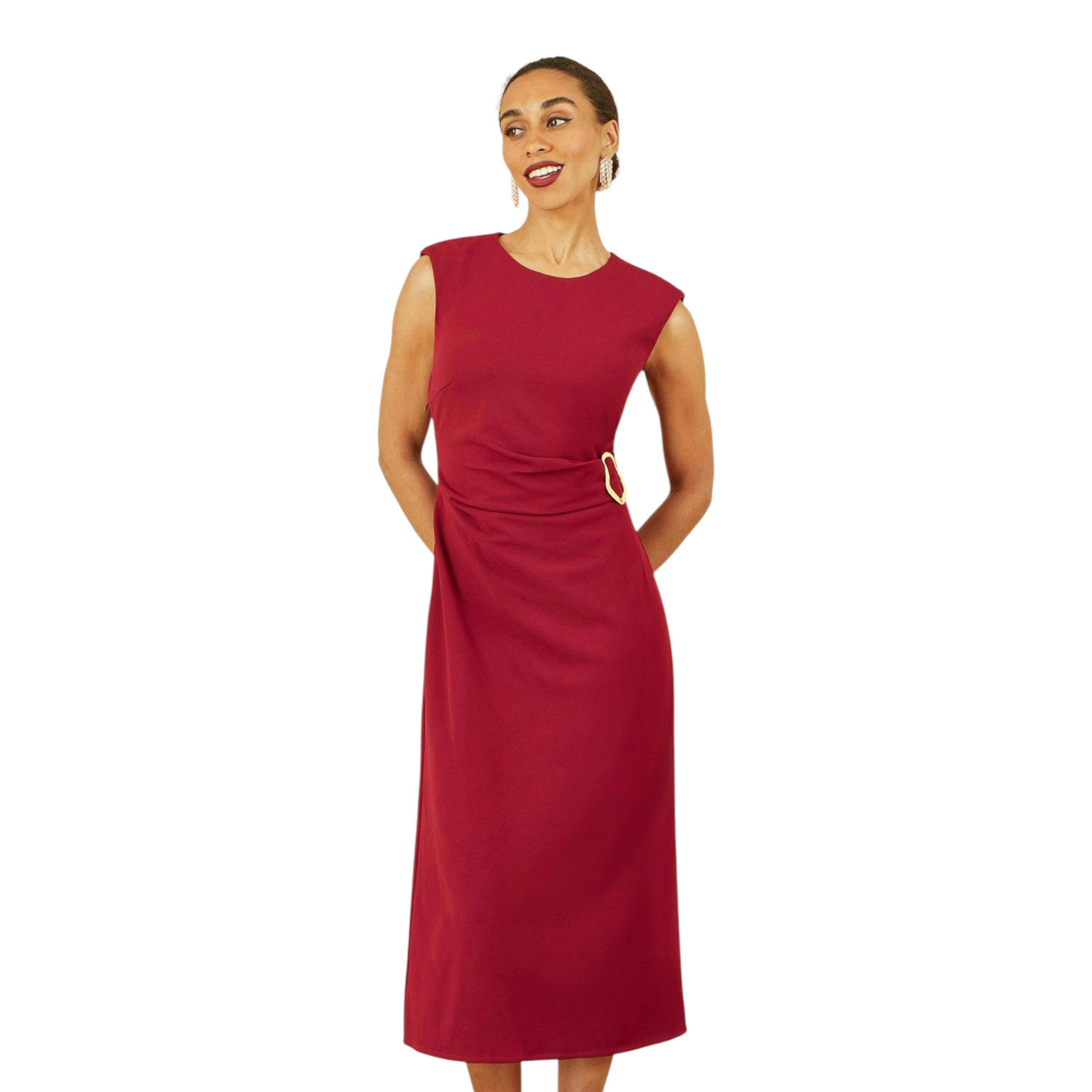 Yumi Burgundy Buckle Detail Ruched Dress , view 2 of 6