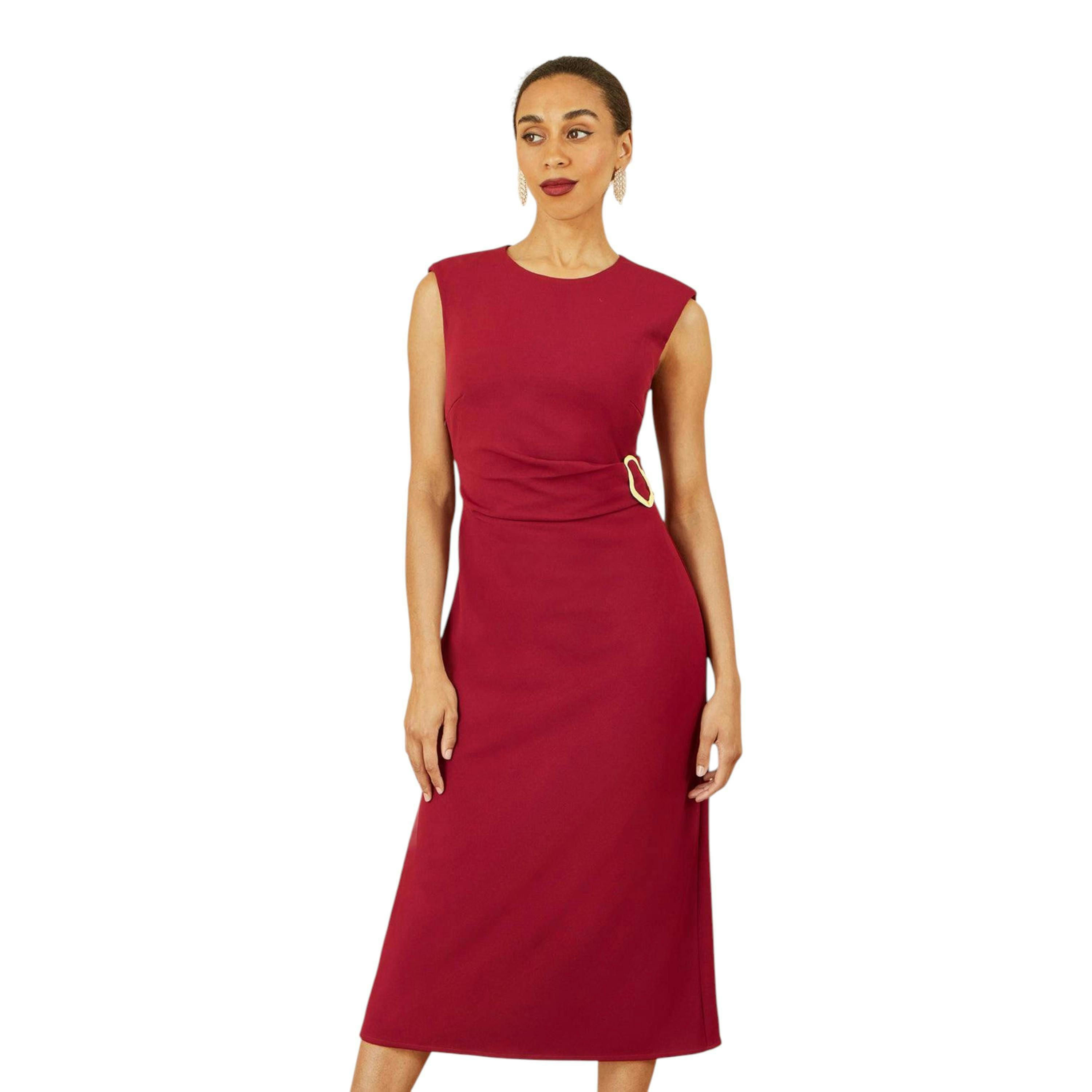 Yumi Burgundy Buckle Detail Ruched Dress , view 3 of 6