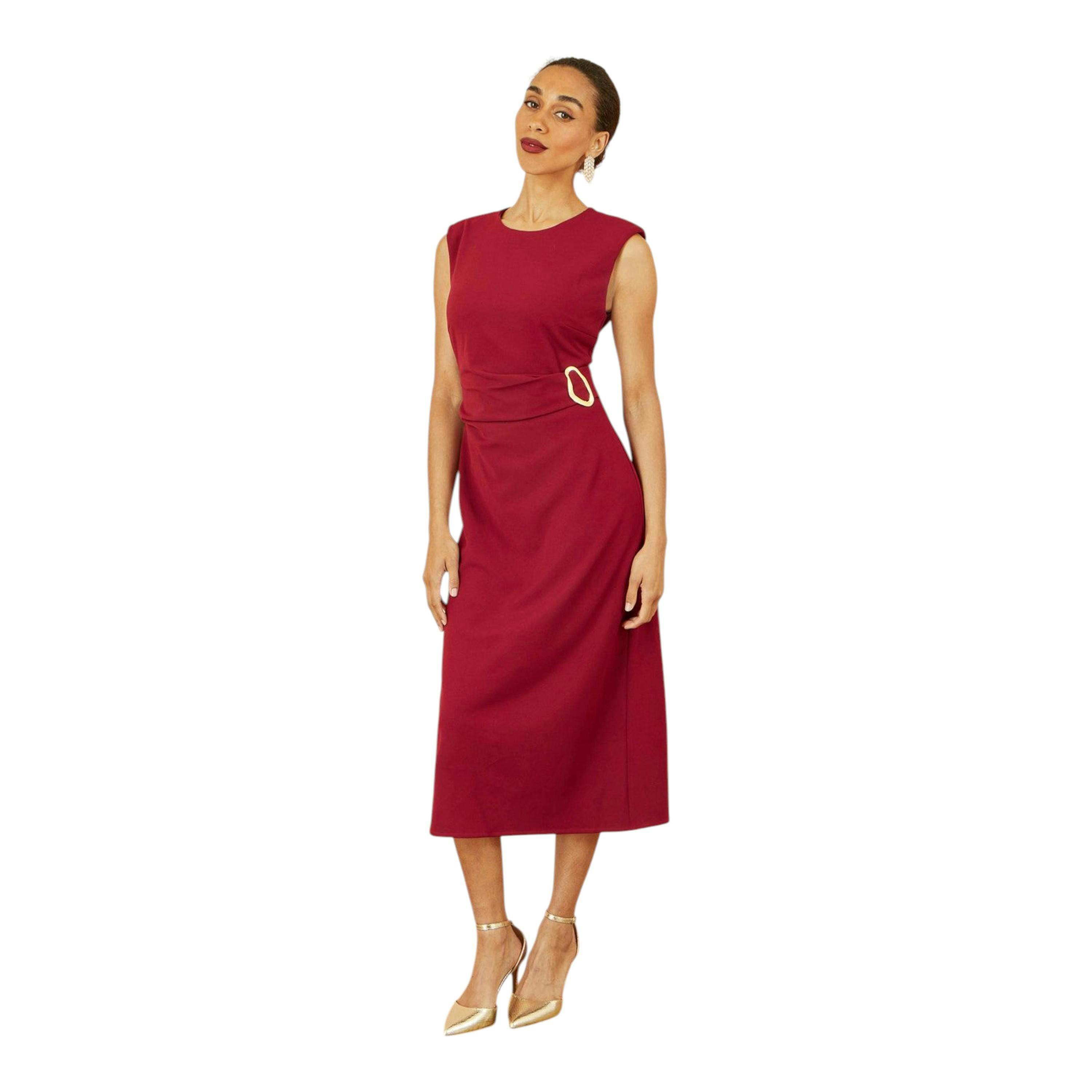 Yumi Burgundy Buckle Detail Ruched Dress , view 4 of 6