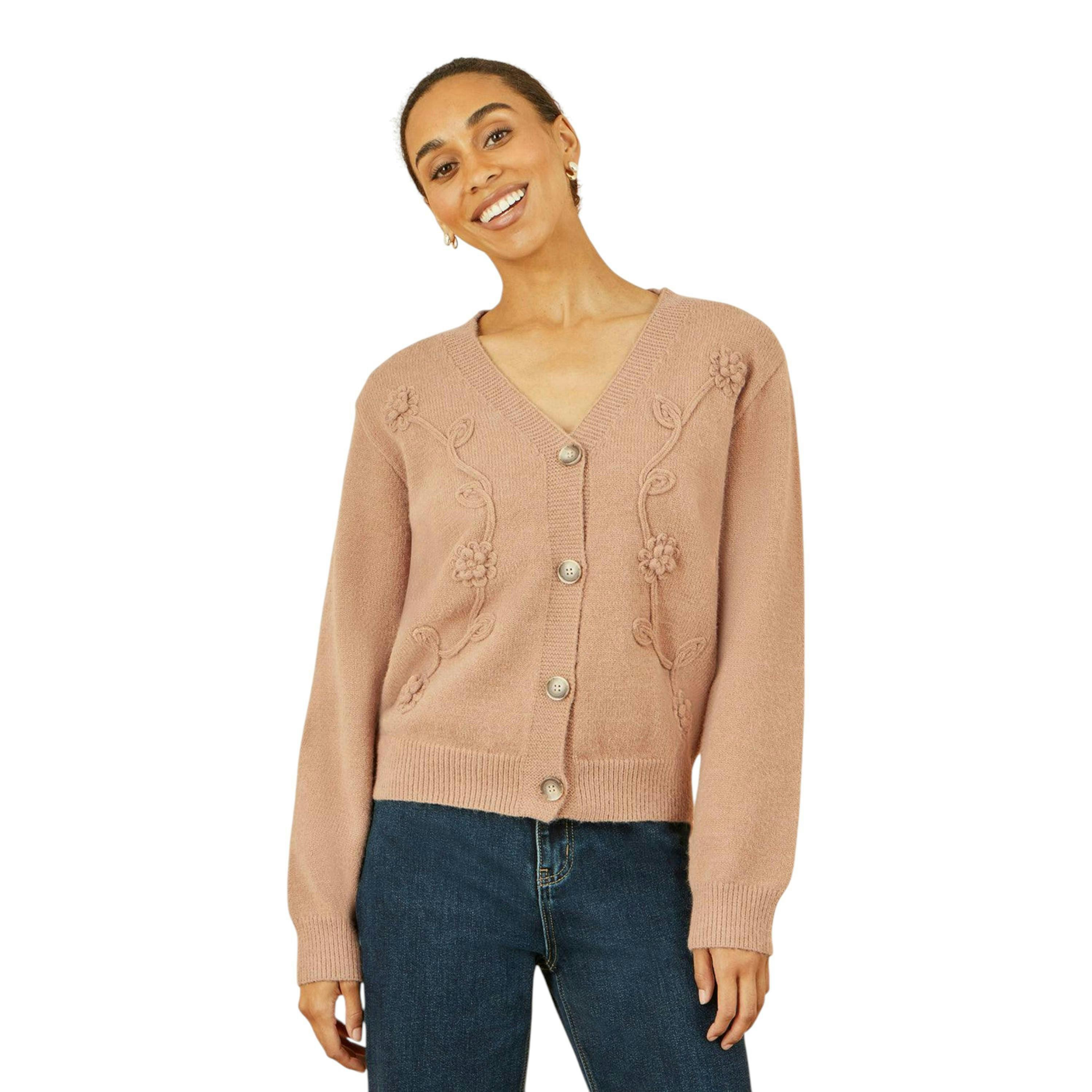 Yumi Brown Floral Embroidered Relaxed Fit Cardigan , view 1 of 5