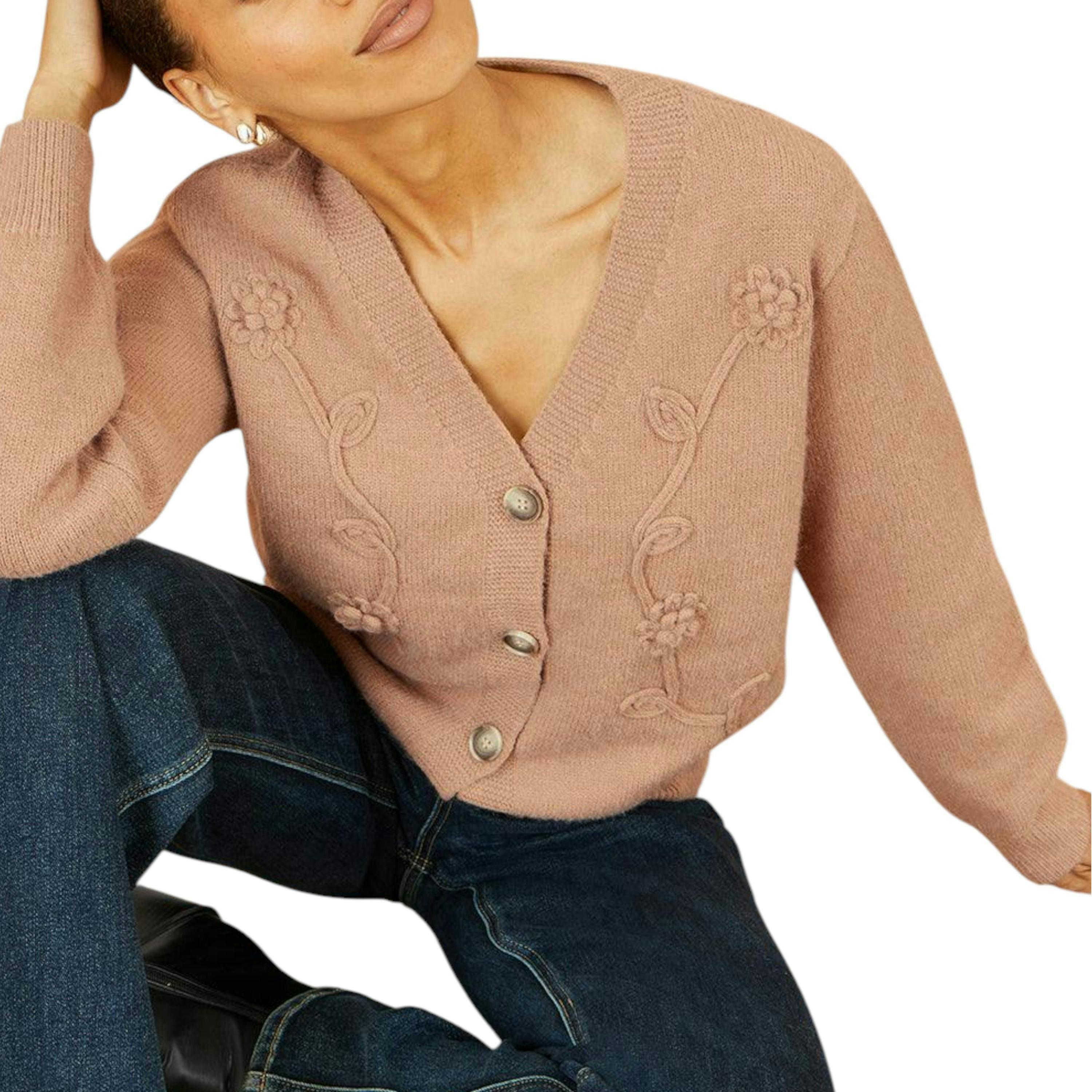 Yumi Brown Floral Embroidered Relaxed Fit Cardigan , view 2 of 5