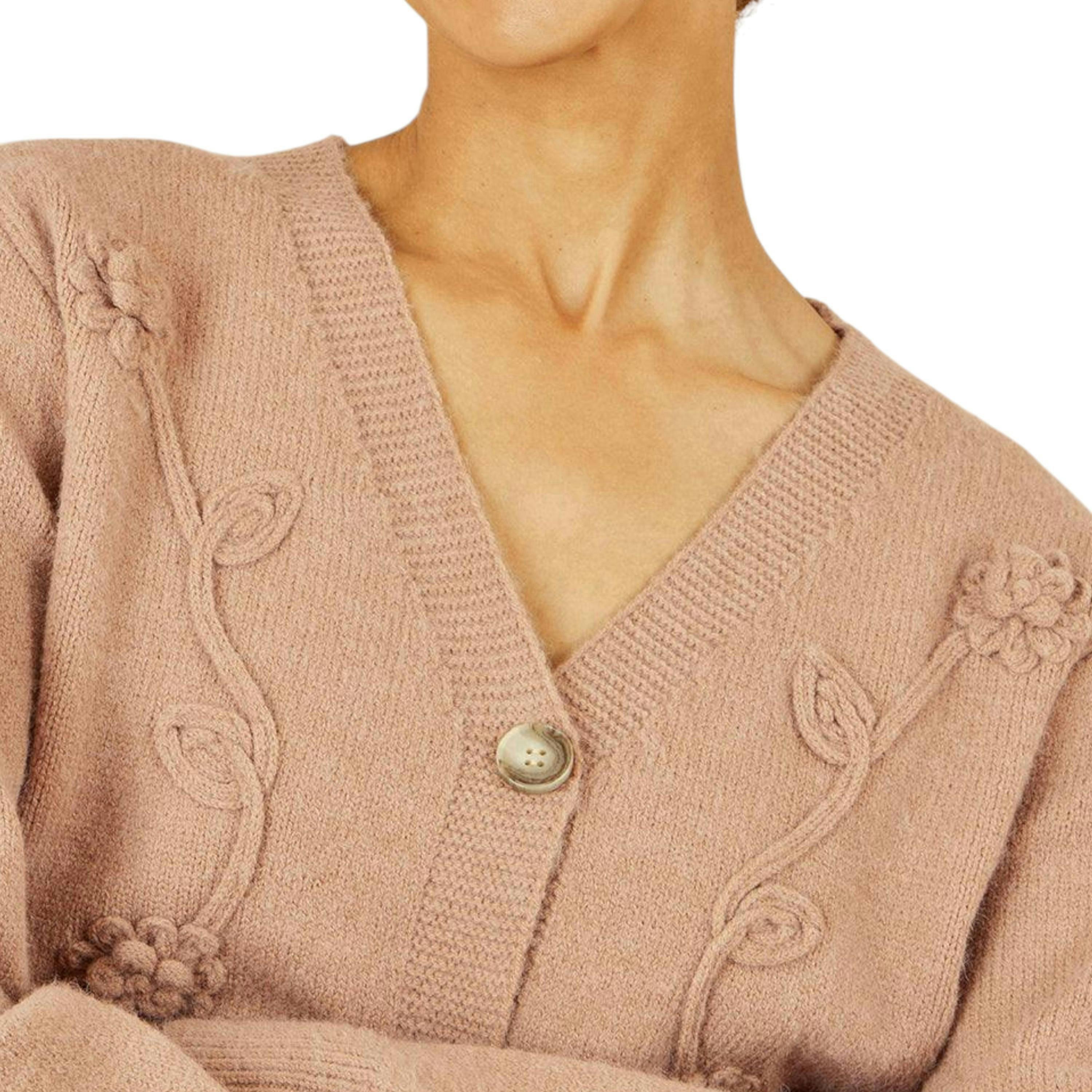 Yumi Brown Floral Embroidered Relaxed Fit Cardigan , view 3 of 5