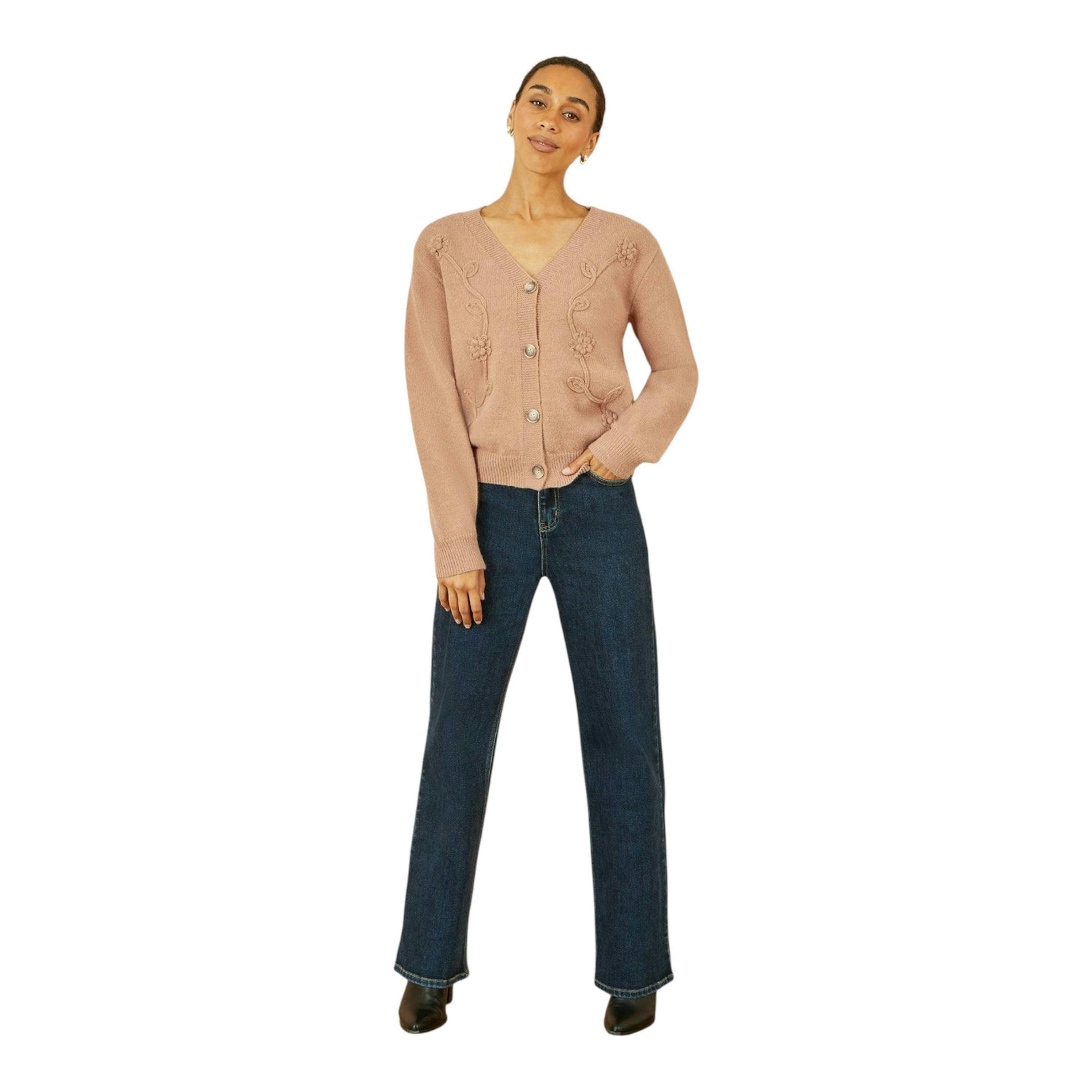 Yumi Brown Floral Embroidered Relaxed Fit Cardigan , view 4 of 5