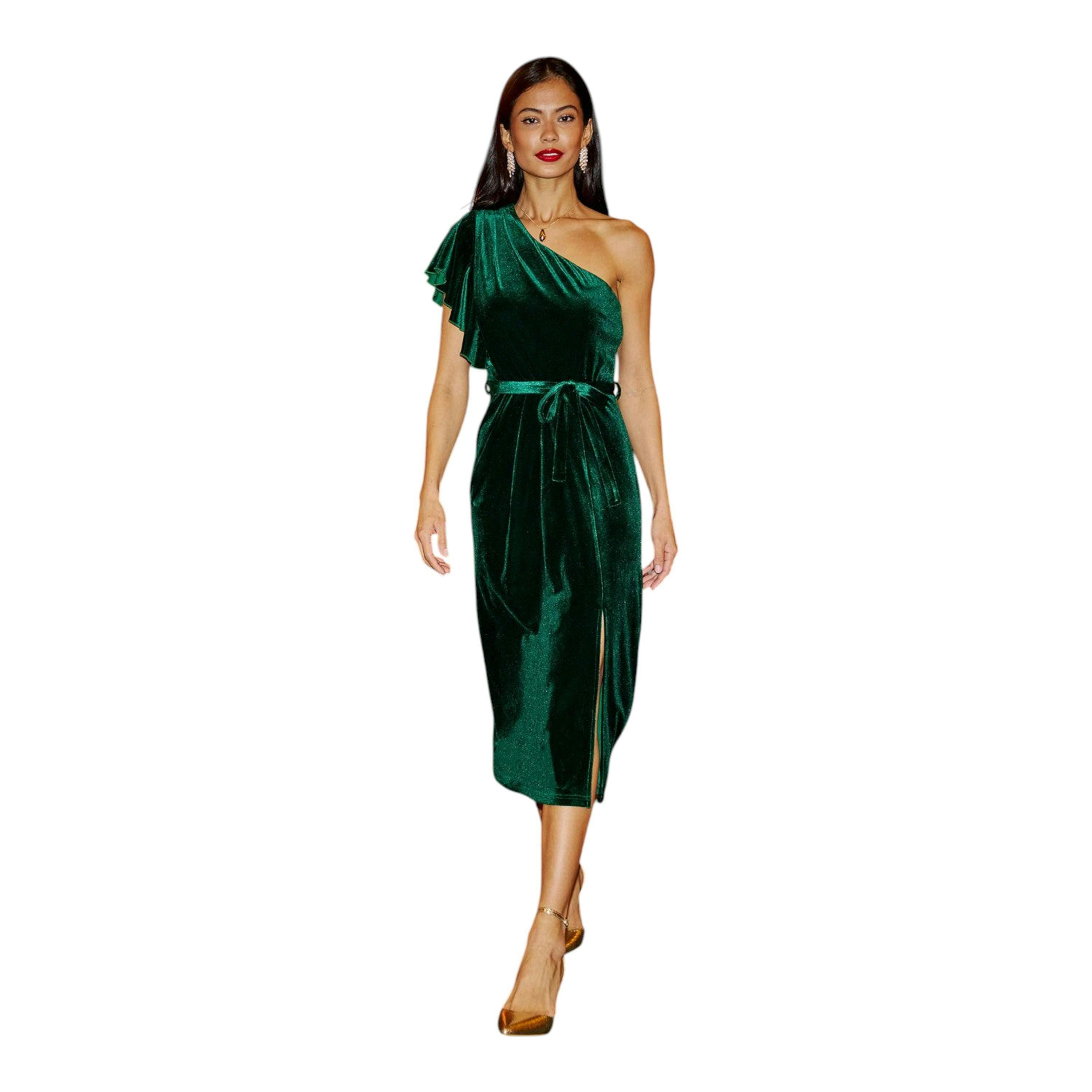 Yumi Green Velvet Frill One Shoulder Midi Dress With Split Hem , view 1 of 6