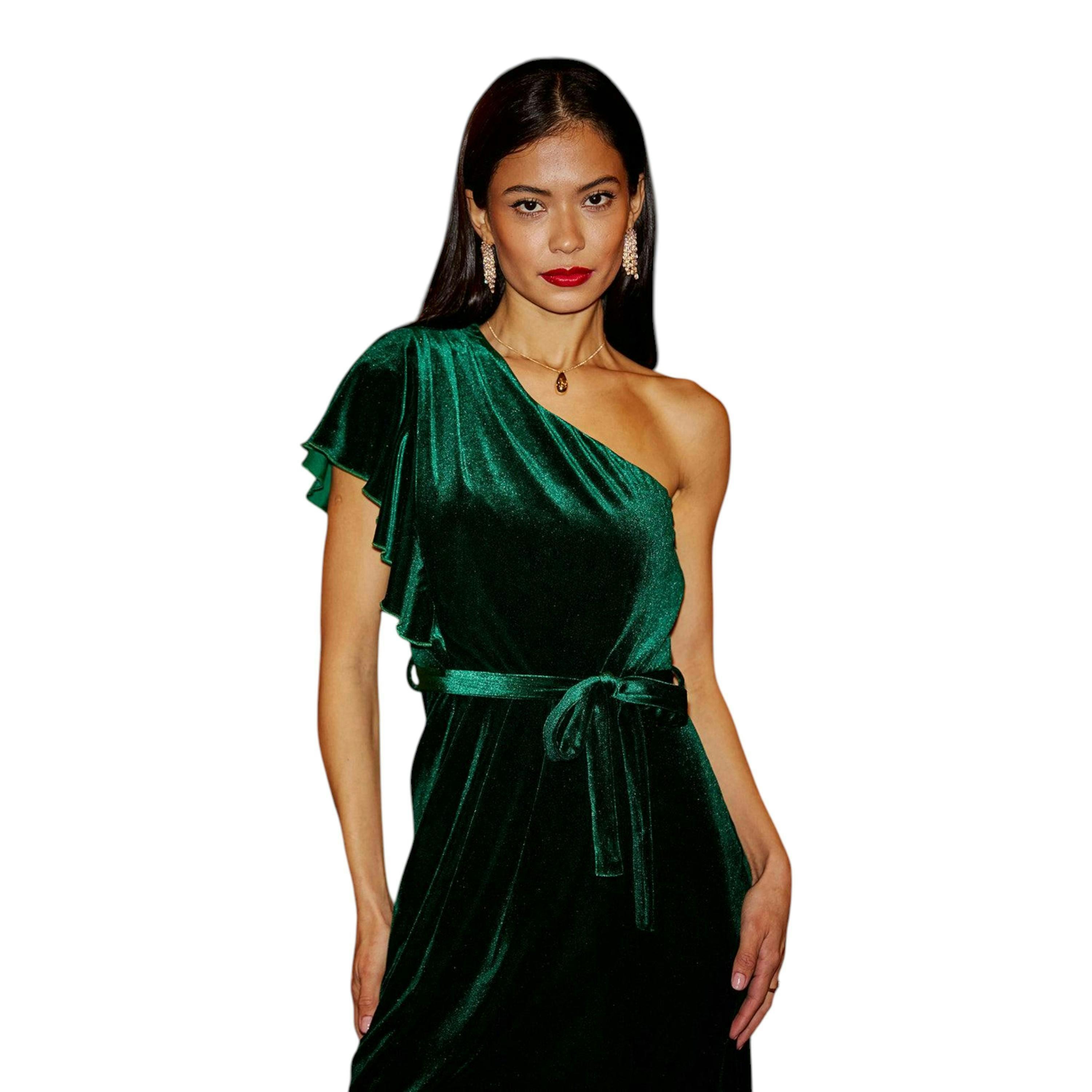 Yumi Green Velvet Frill One Shoulder Midi Dress With Split Hem , view 2 of 6