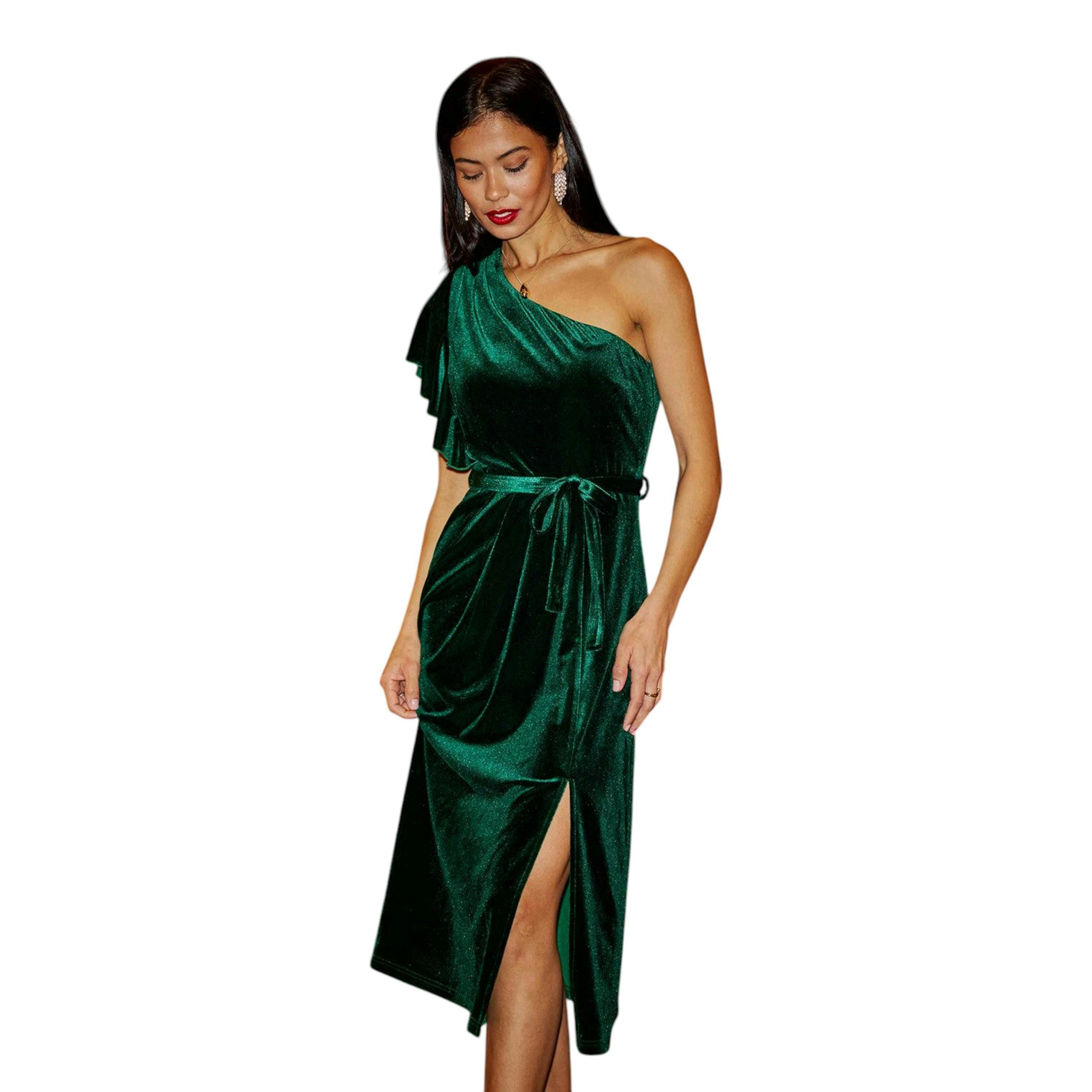 Yumi Green Velvet Frill One Shoulder Midi Dress With Split Hem , view 3 of 6