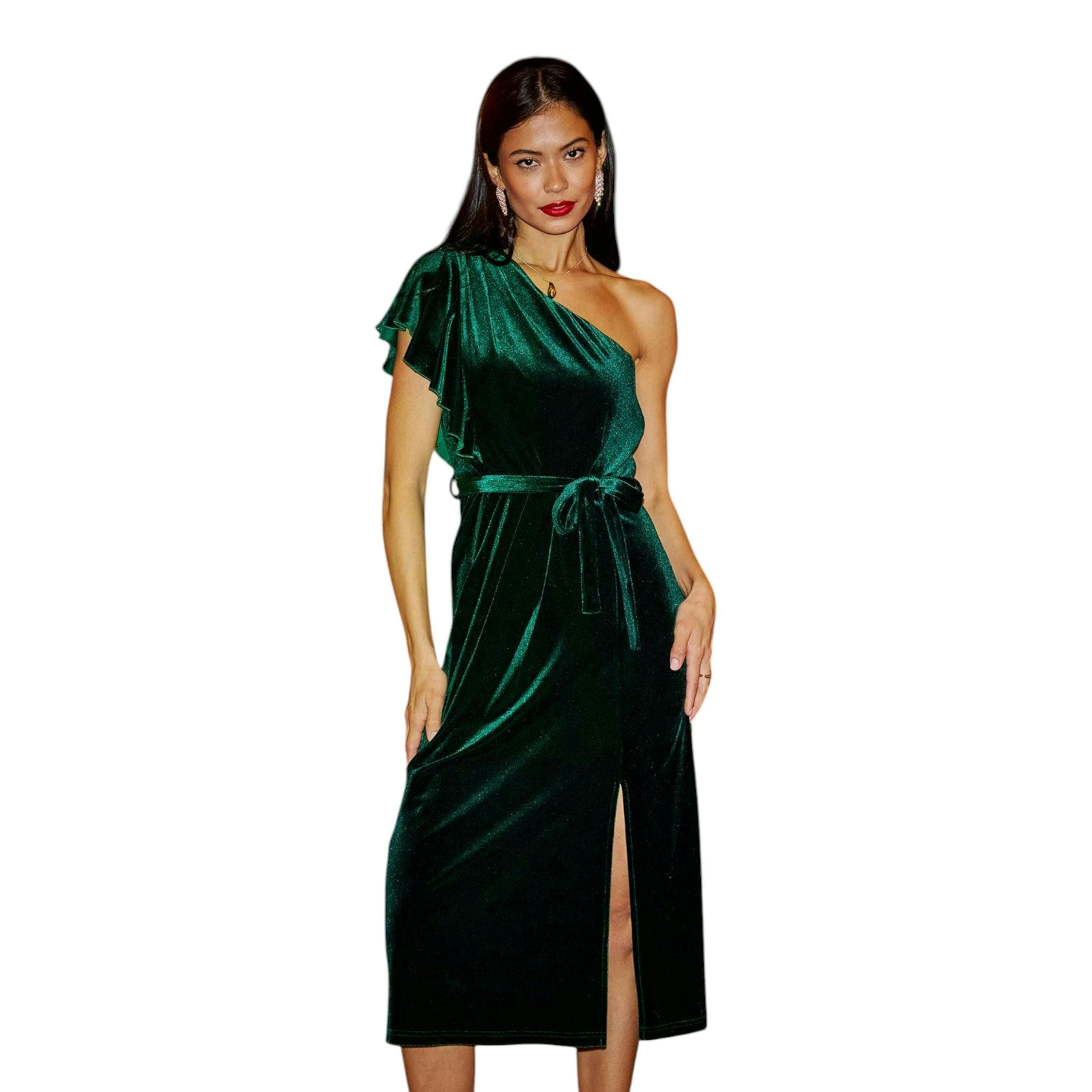 Yumi Green Velvet Frill One Shoulder Midi Dress With Split Hem , view 4 of 6