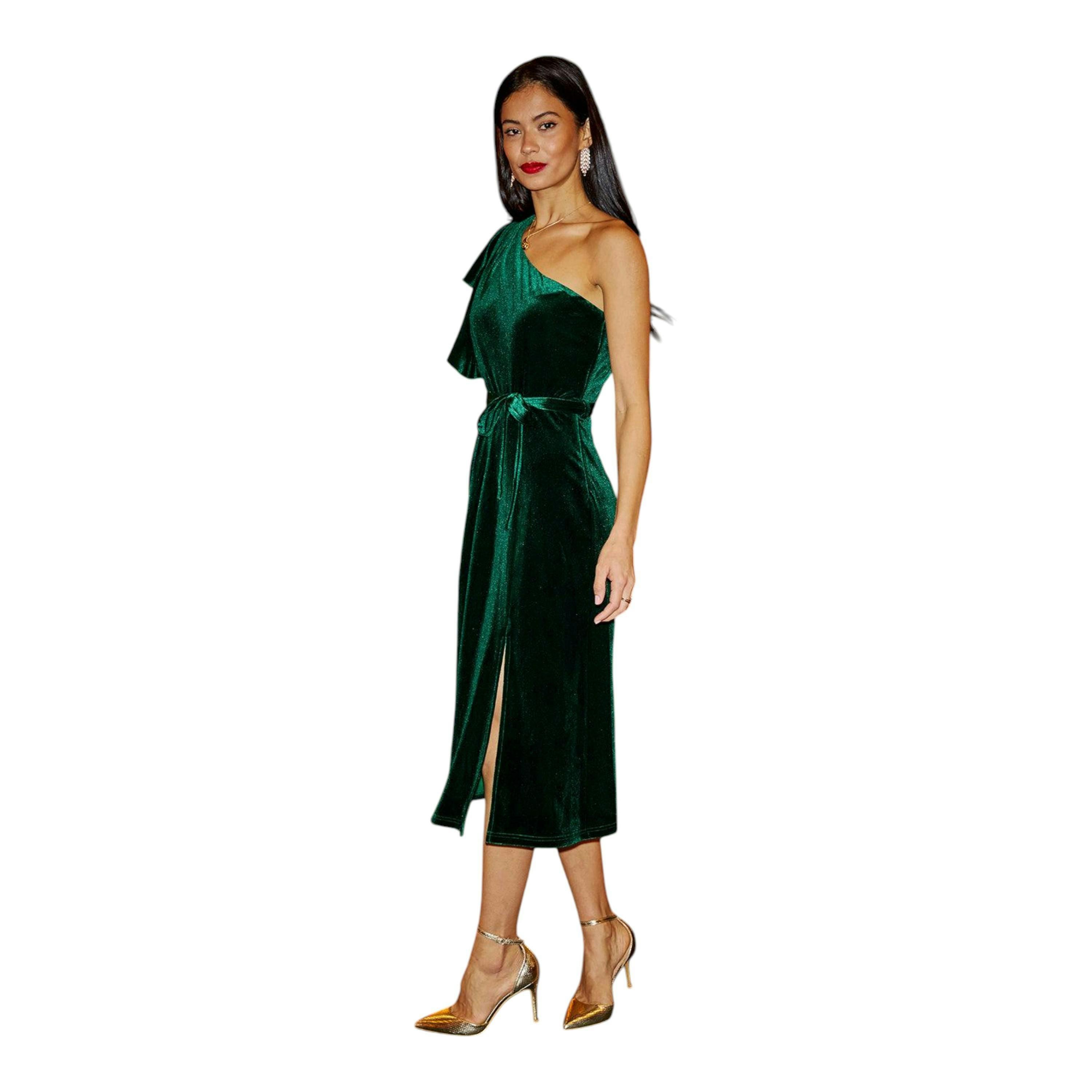 Yumi Green Velvet Frill One Shoulder Midi Dress With Split Hem , view 5 of 6
