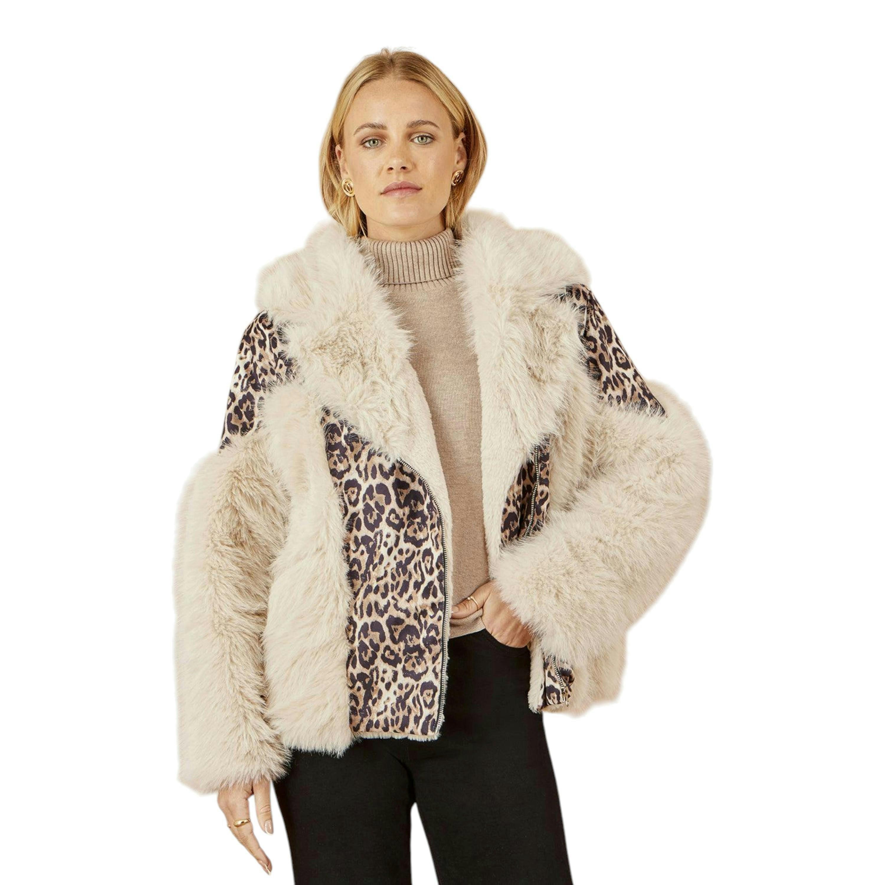 Yumi Cream Fur Biker Jacket With Leopard Print , view 1 of 6