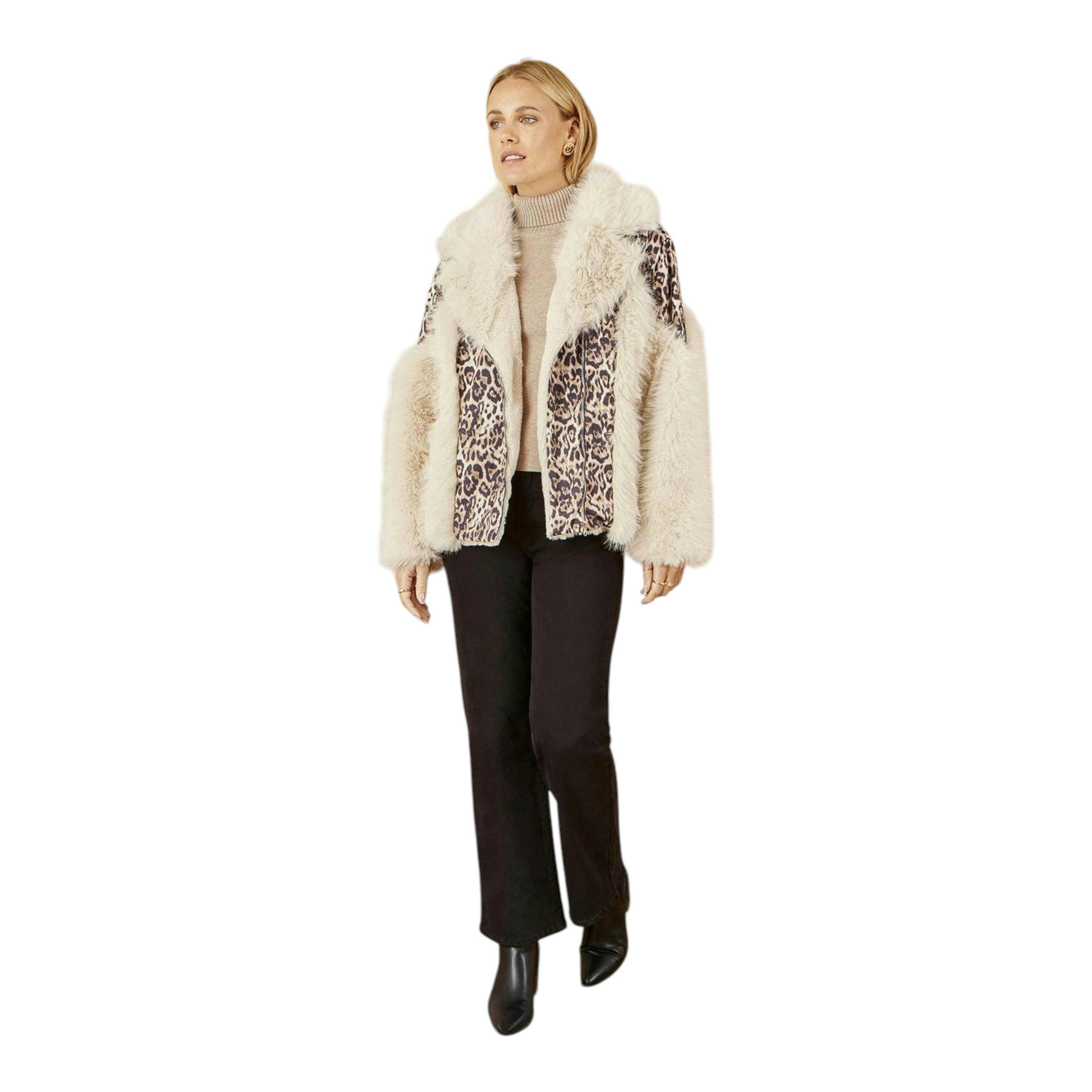 Yumi Cream Fur Biker Jacket With Leopard Print , view 2 of 6