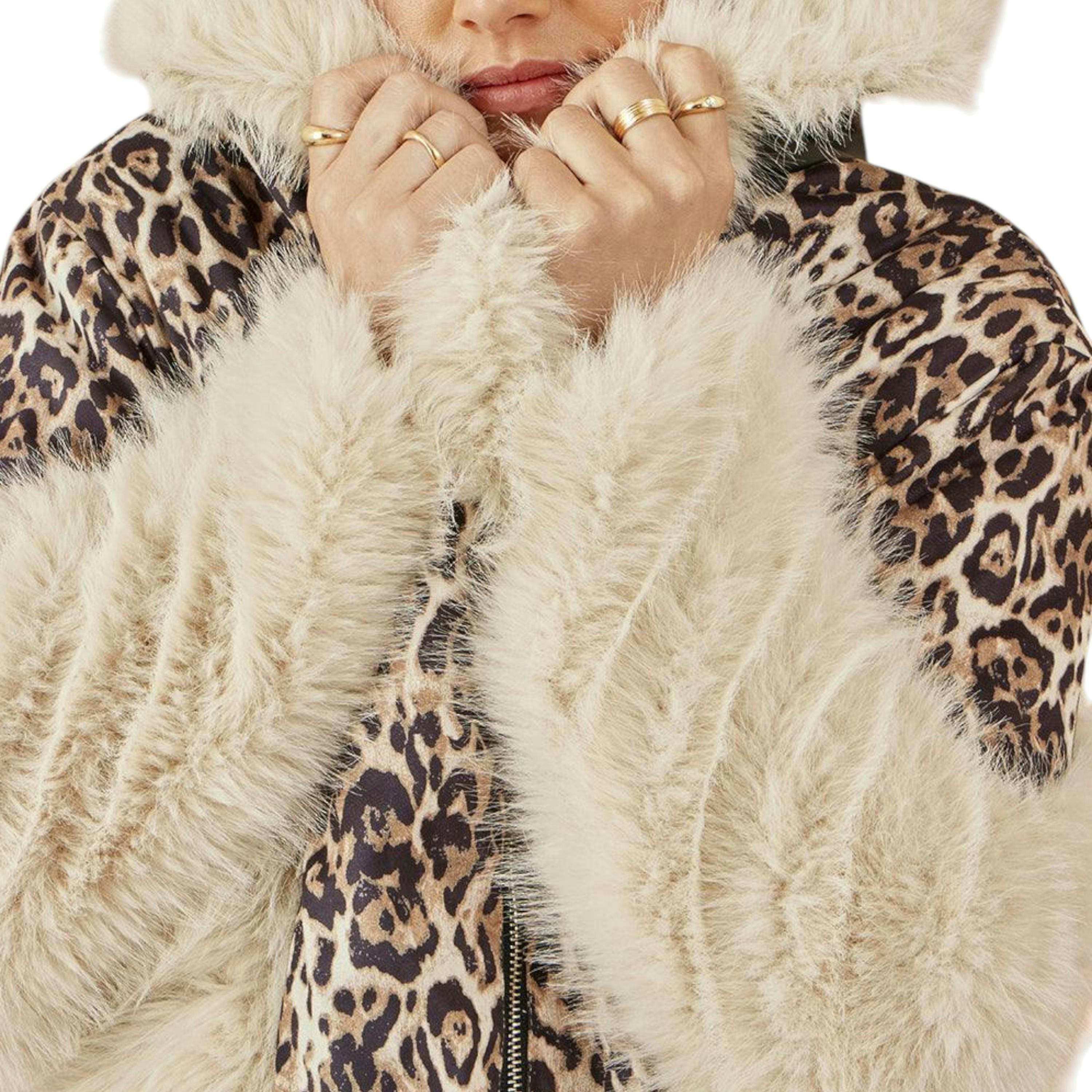 Yumi Cream Fur Biker Jacket With Leopard Print , view 3 of 6