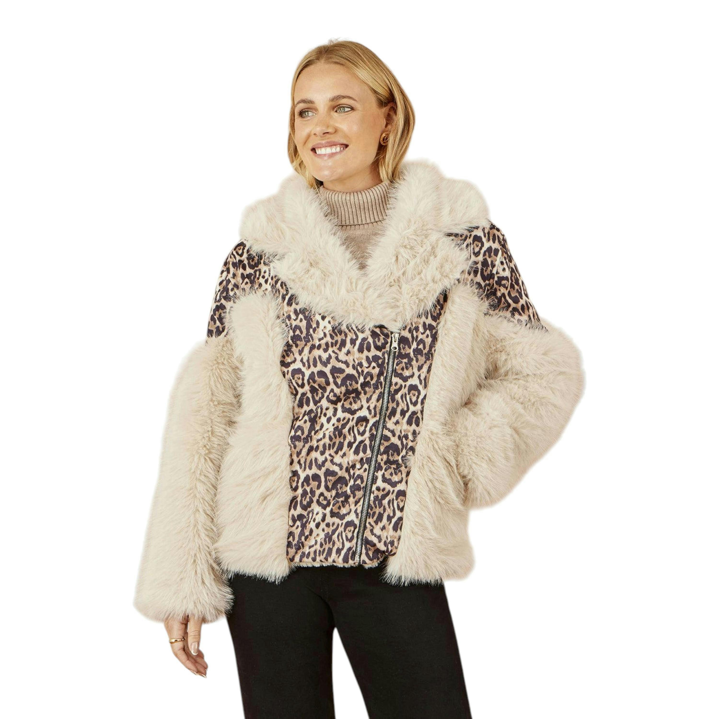 Yumi Cream Fur Biker Jacket With Leopard Print , view 4 of 6