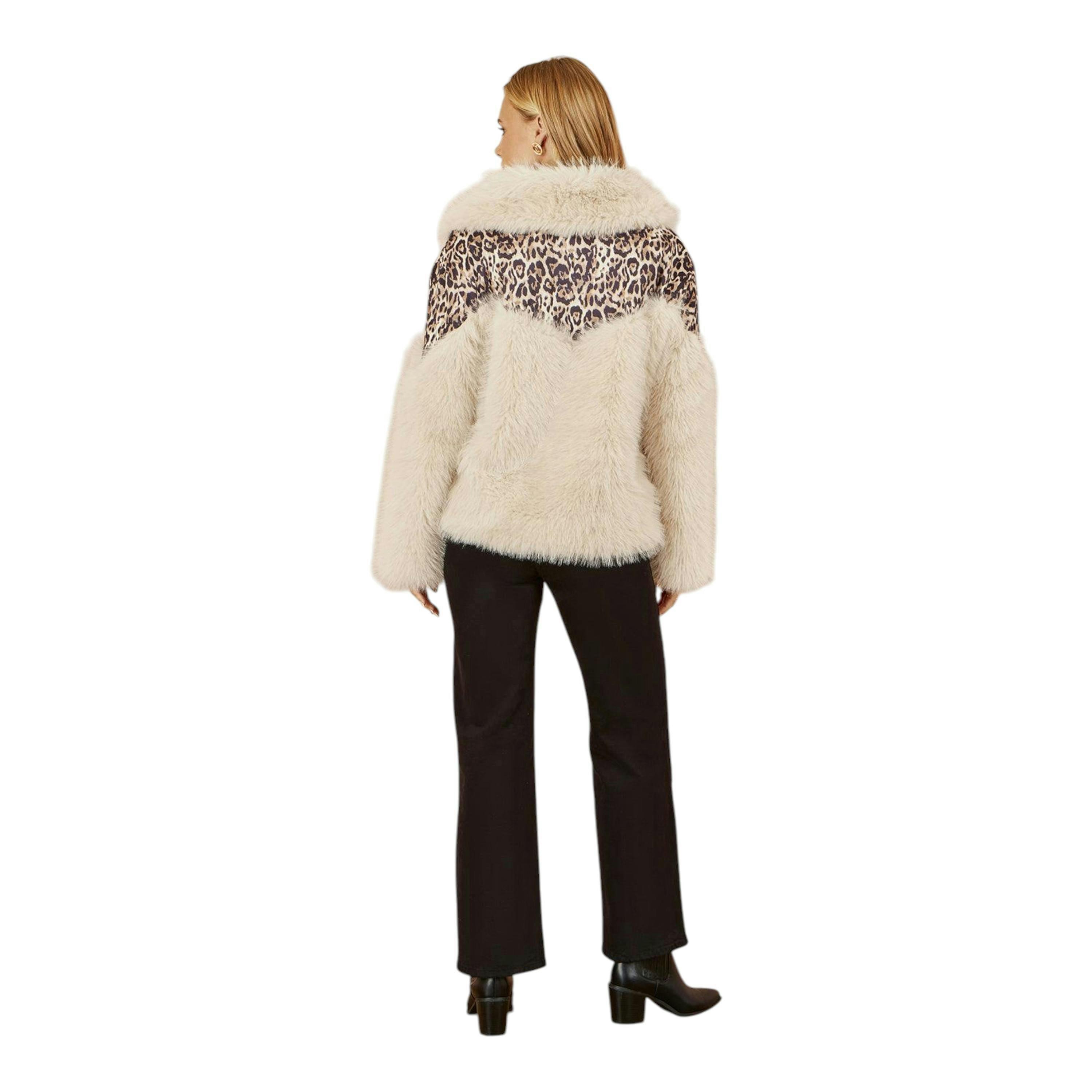 Yumi Cream Fur Biker Jacket With Leopard Print , view 5 of 6