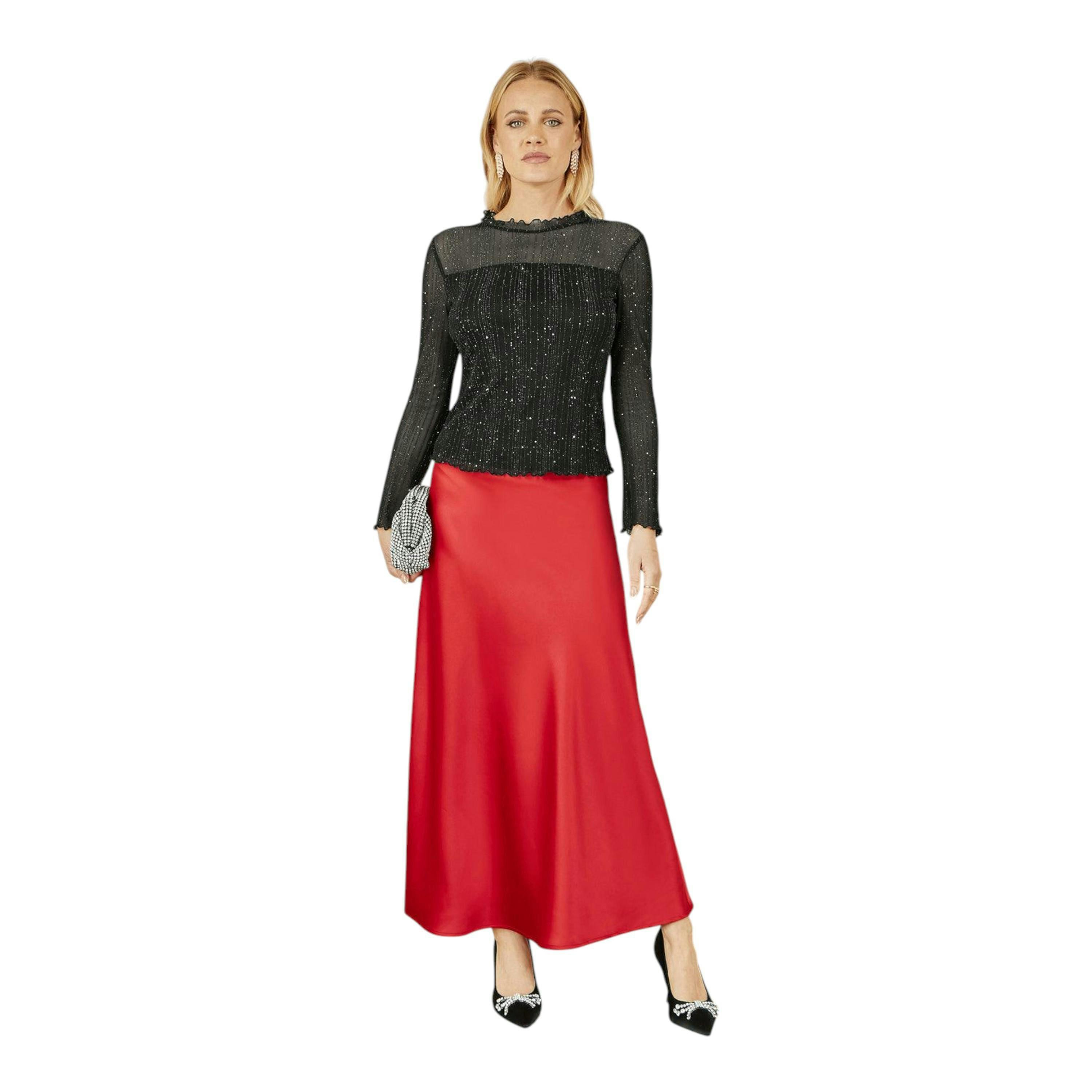 Yumi Red Satin Midi Skirt , view 1 of 4