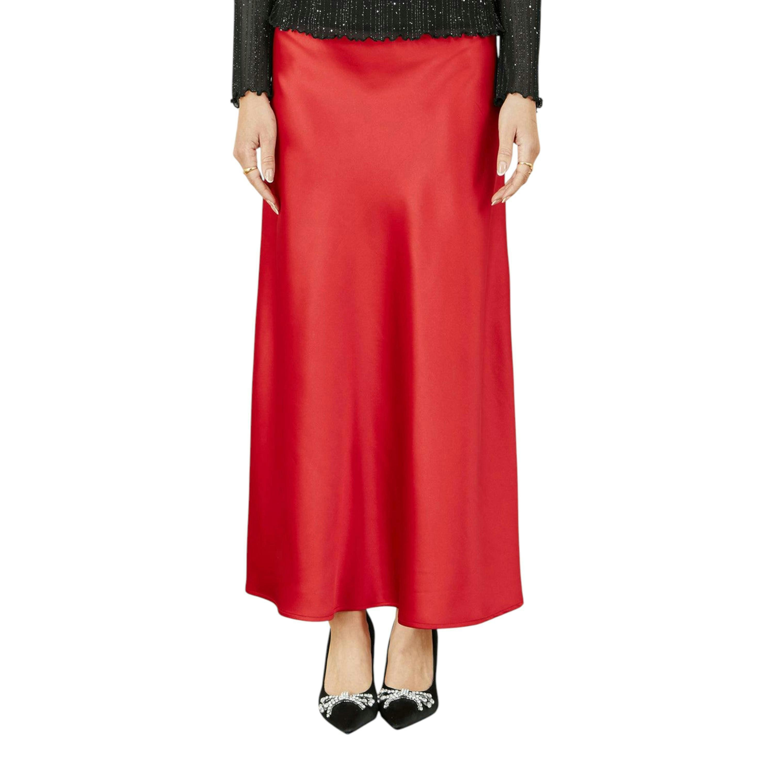 Yumi Red Satin Midi Skirt , view 2 of 4
