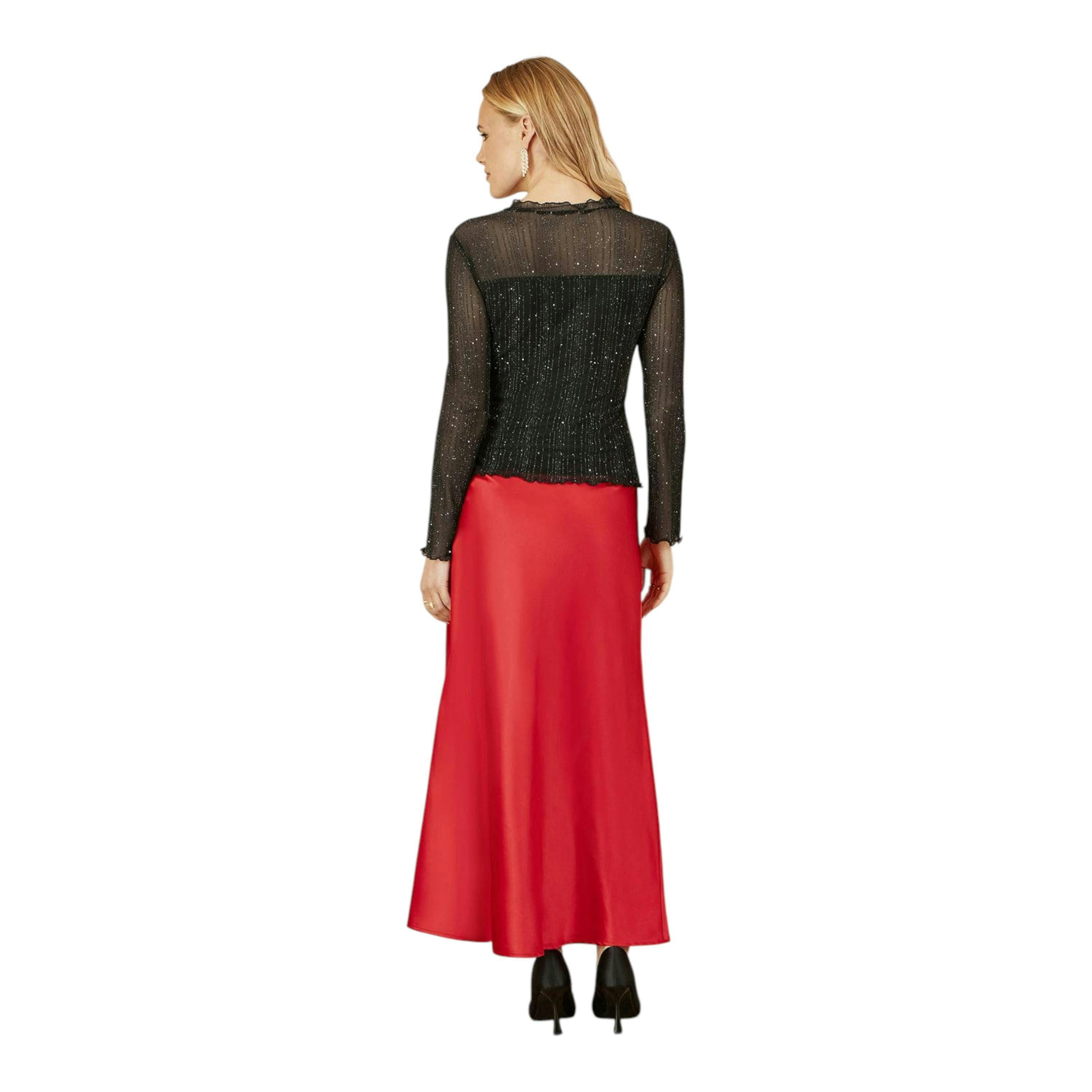 Yumi Red Satin Midi Skirt , view 3 of 4