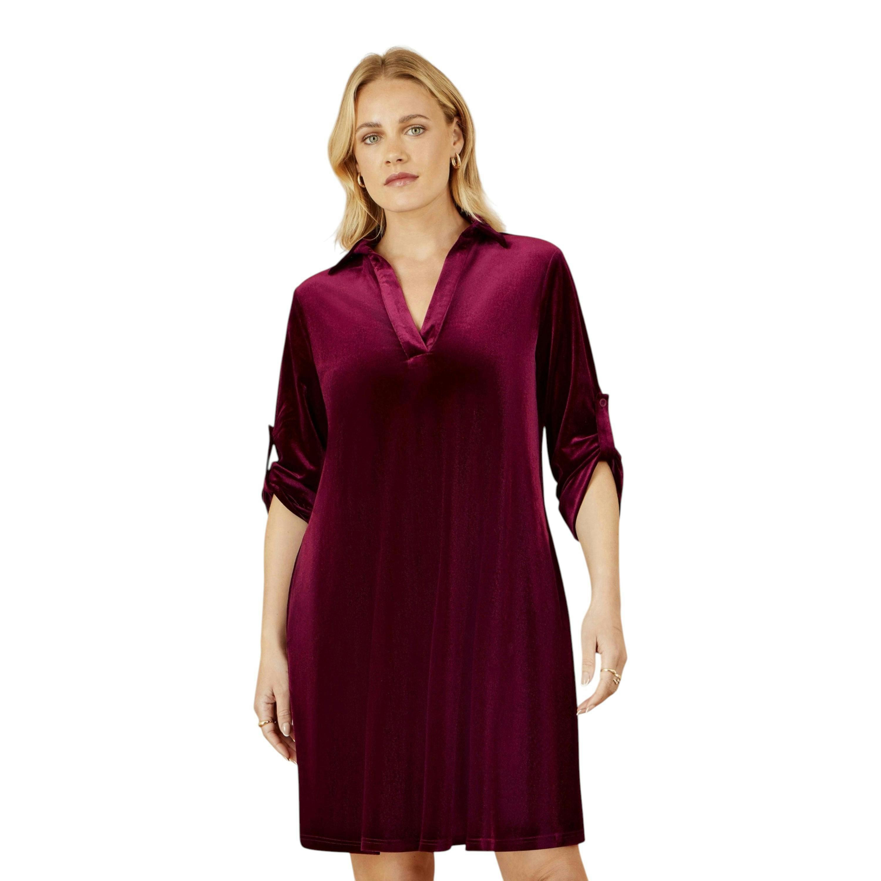Yumi Burgundy Velvet Tunic Dress With 3/4 Sleeves , view 1 of 5