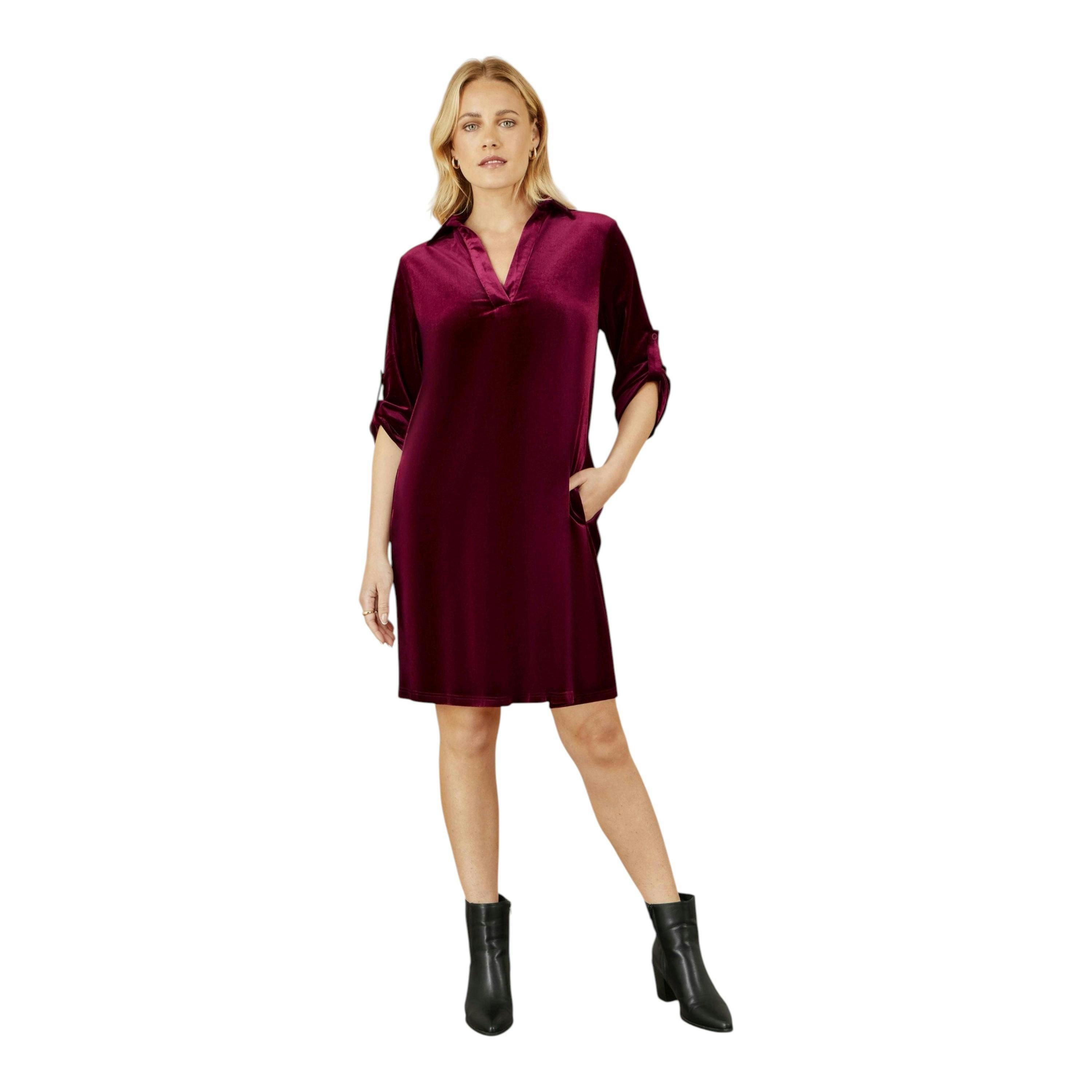 Yumi Burgundy Velvet Tunic Dress With 3/4 Sleeves , view 2 of 5