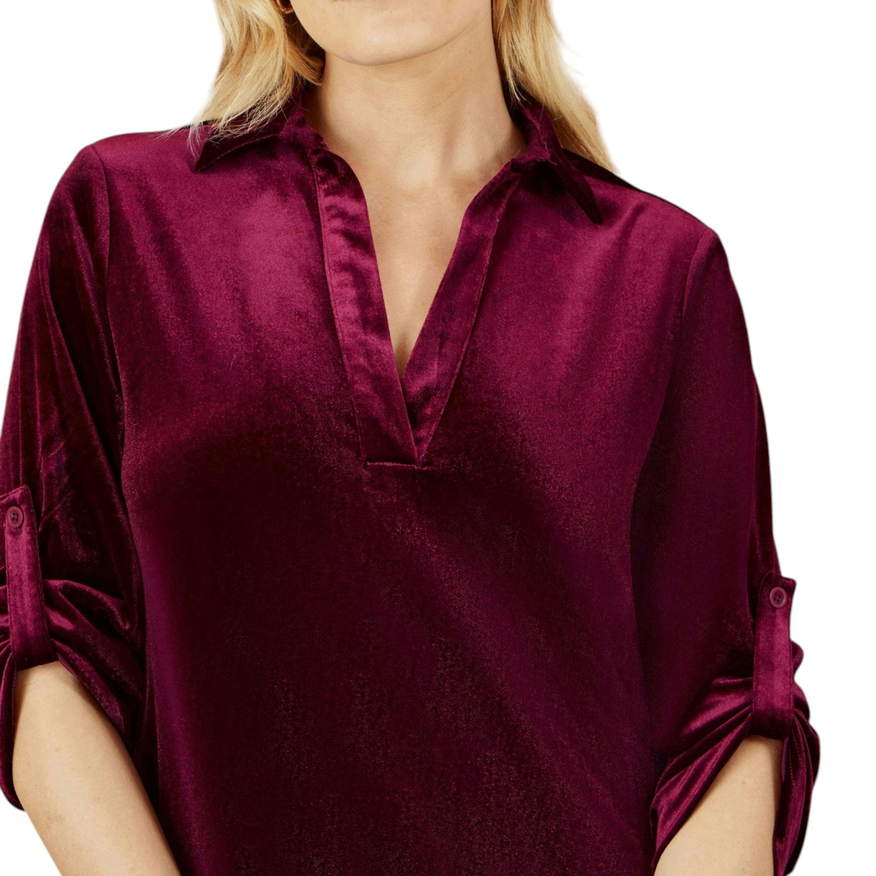 Yumi Burgundy Velvet Tunic Dress With 3/4 Sleeves , view 3 of 5