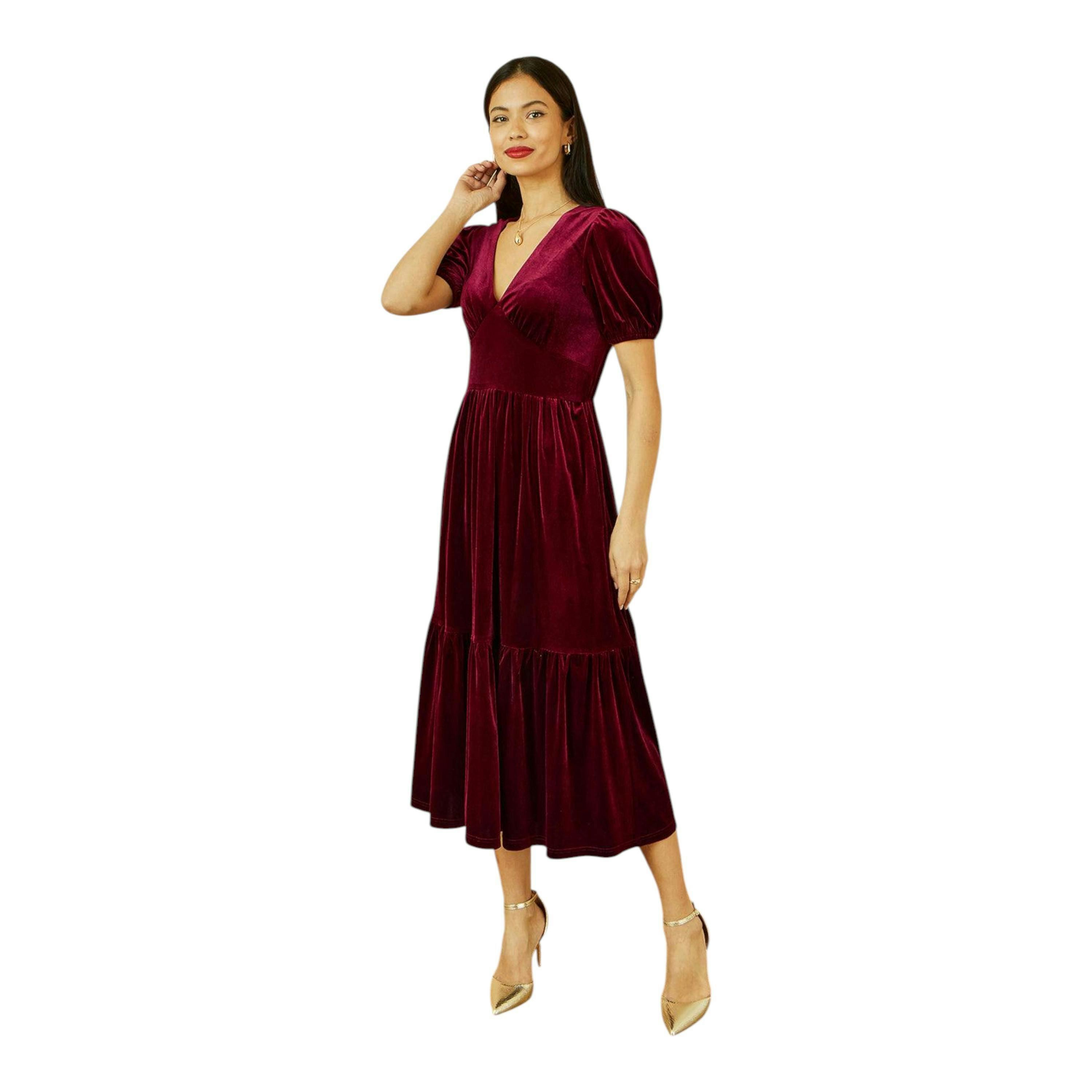 Yumi Burgundy Velvet Midi Dress , view 1 of 6