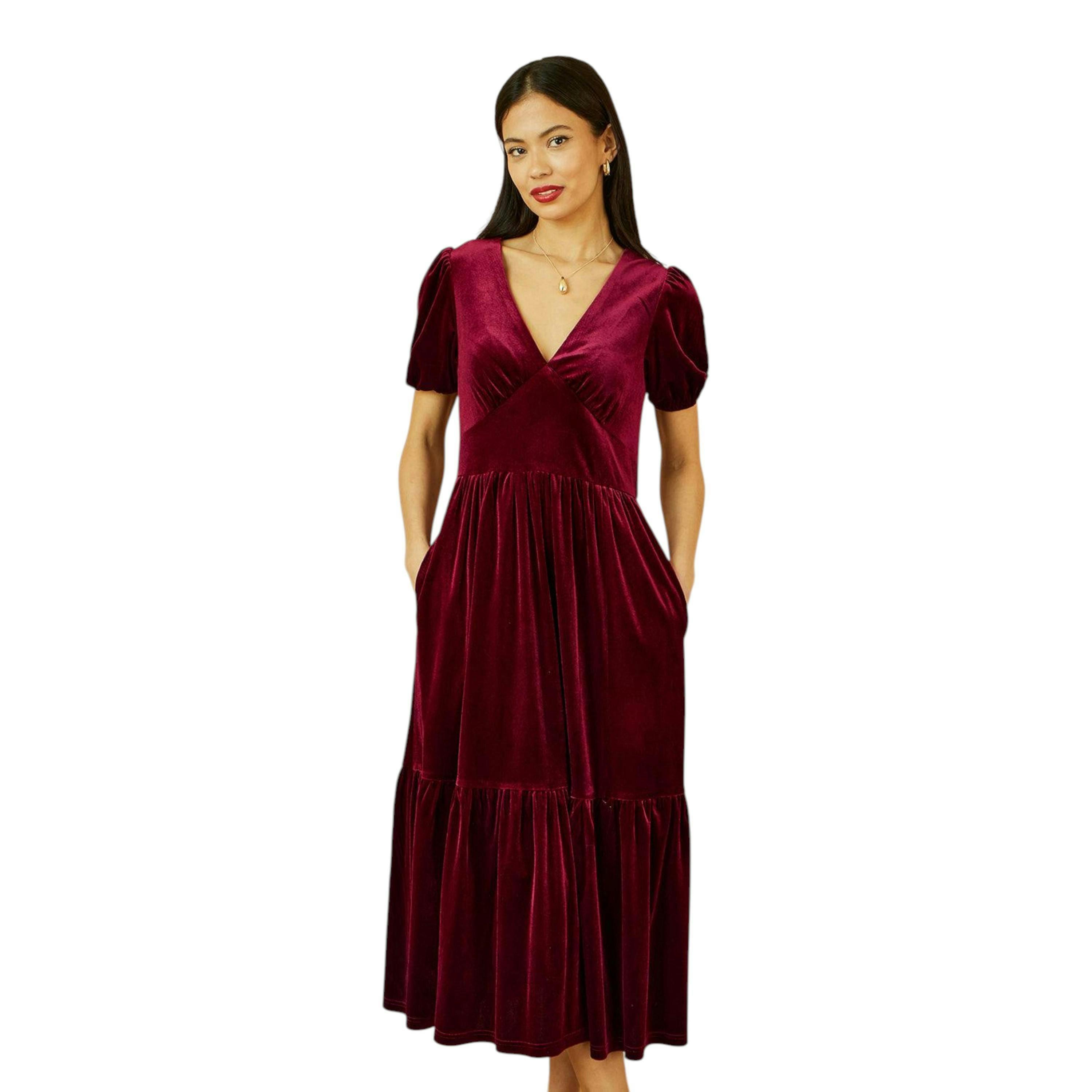 Yumi Burgundy Velvet Midi Dress , view 3 of 6