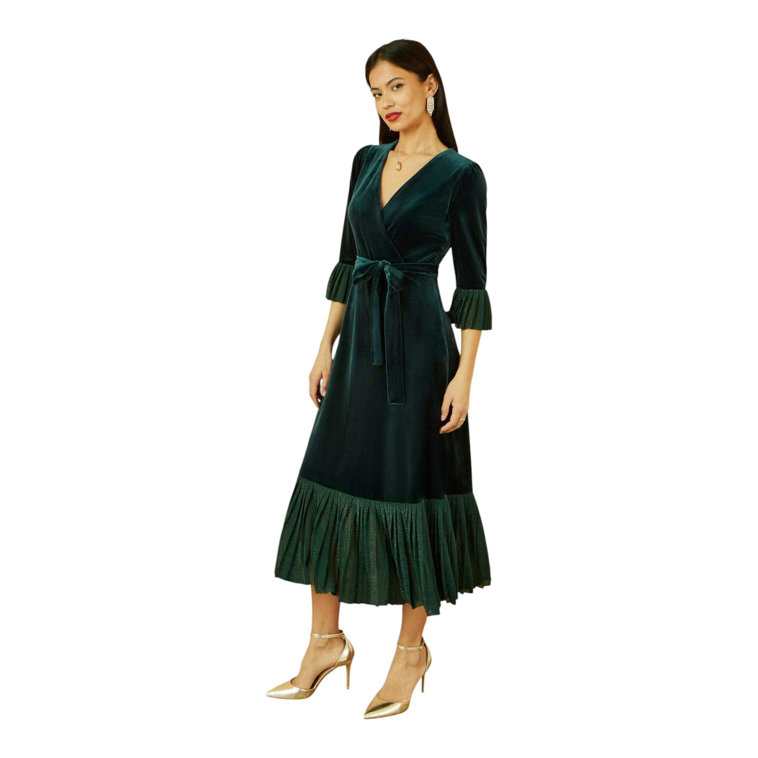 Yumi Green Velvet Wrap Midi Dress With Contrast Hemline , view 1 of 6
