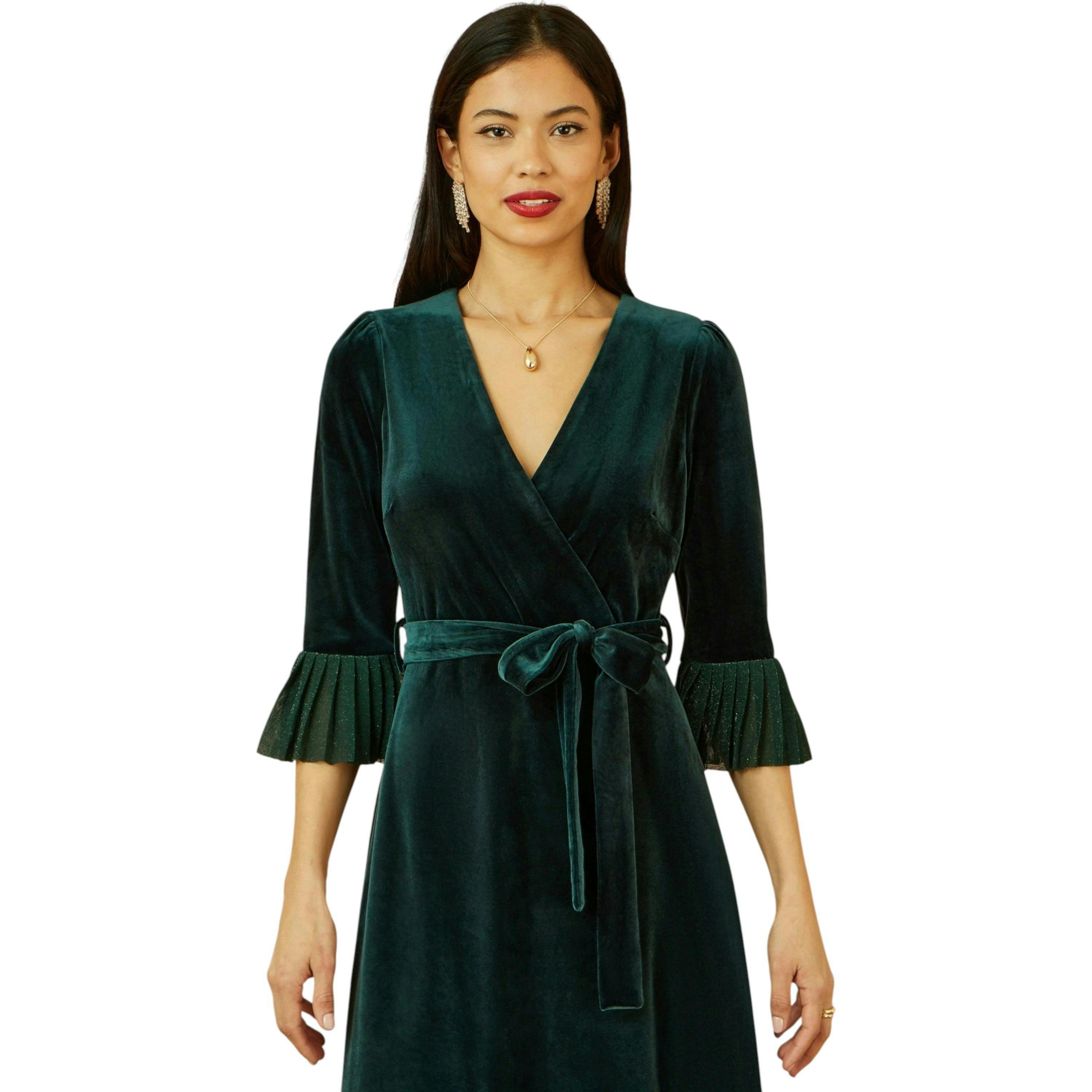 Yumi Green Velvet Wrap Midi Dress With Contrast Hemline , view 2 of 6