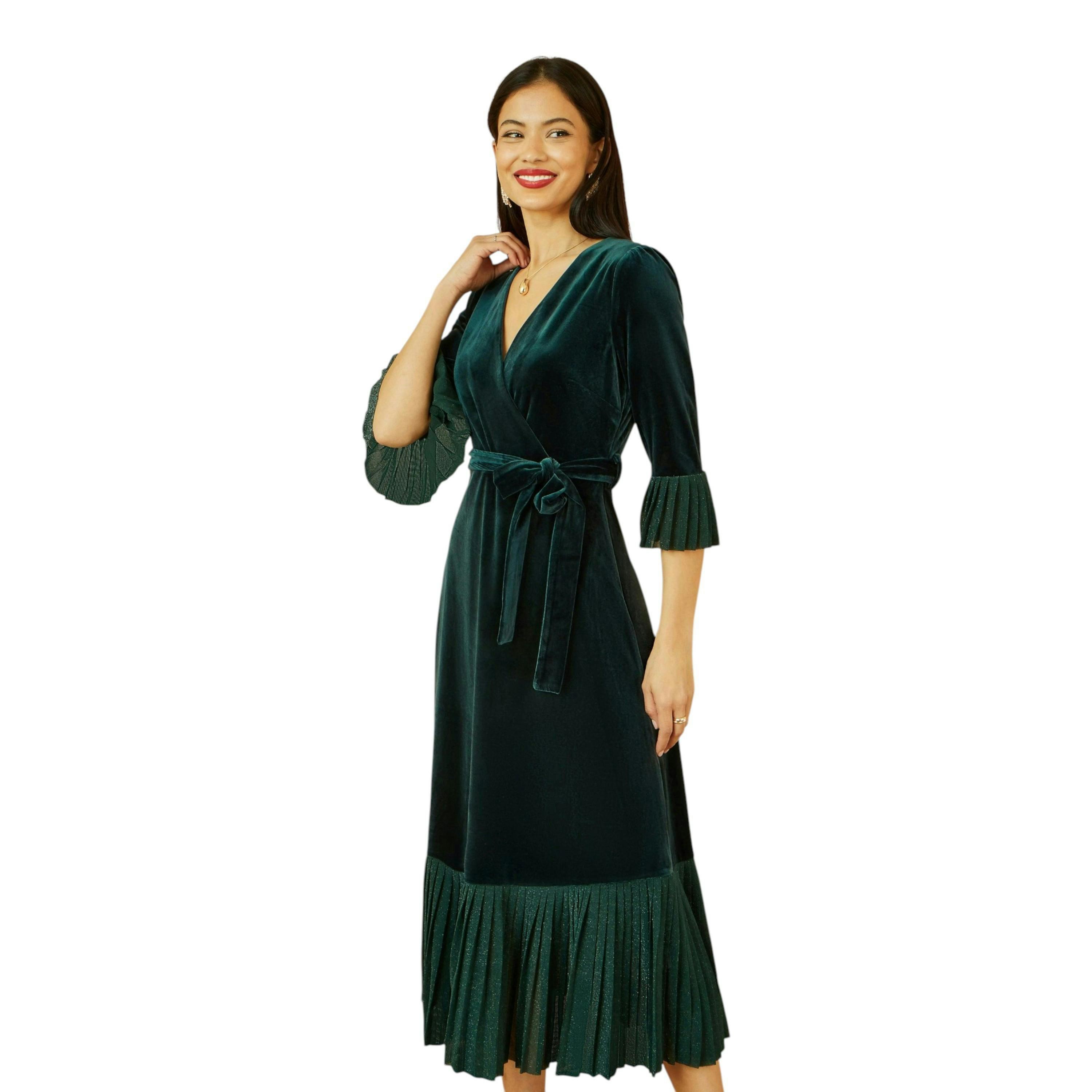 Yumi Green Velvet Wrap Midi Dress With Contrast Hemline , view 3 of 6