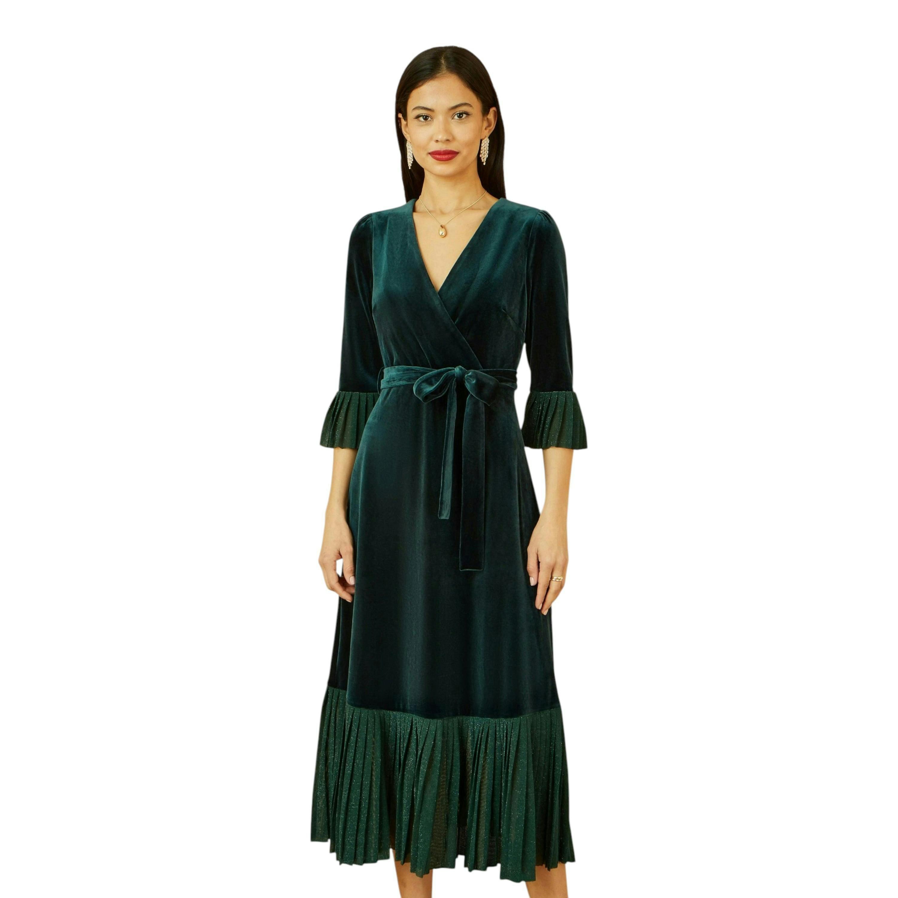 Yumi Green Velvet Wrap Midi Dress With Contrast Hemline , view 4 of 6
