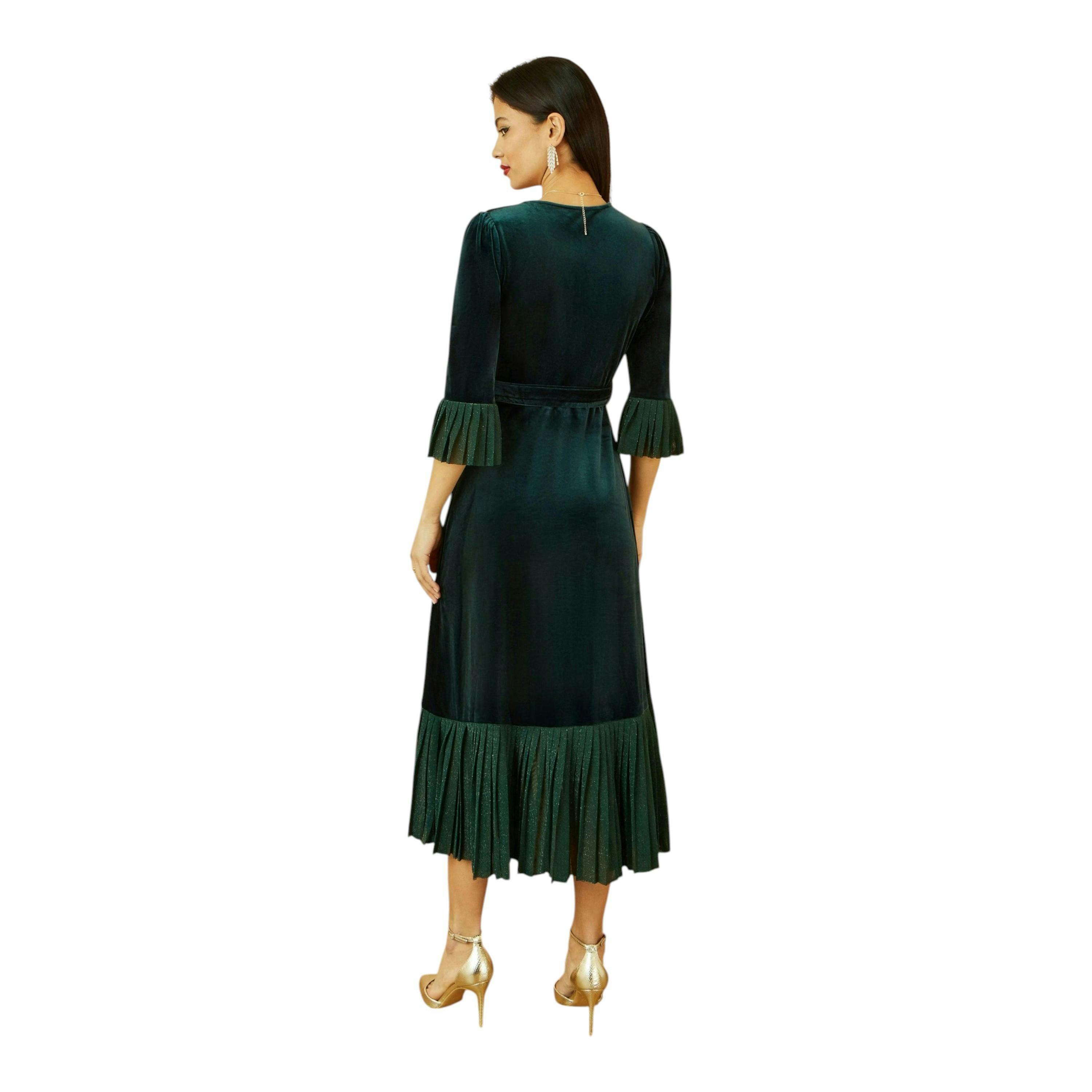 Yumi Green Velvet Wrap Midi Dress With Contrast Hemline , view 5 of 6