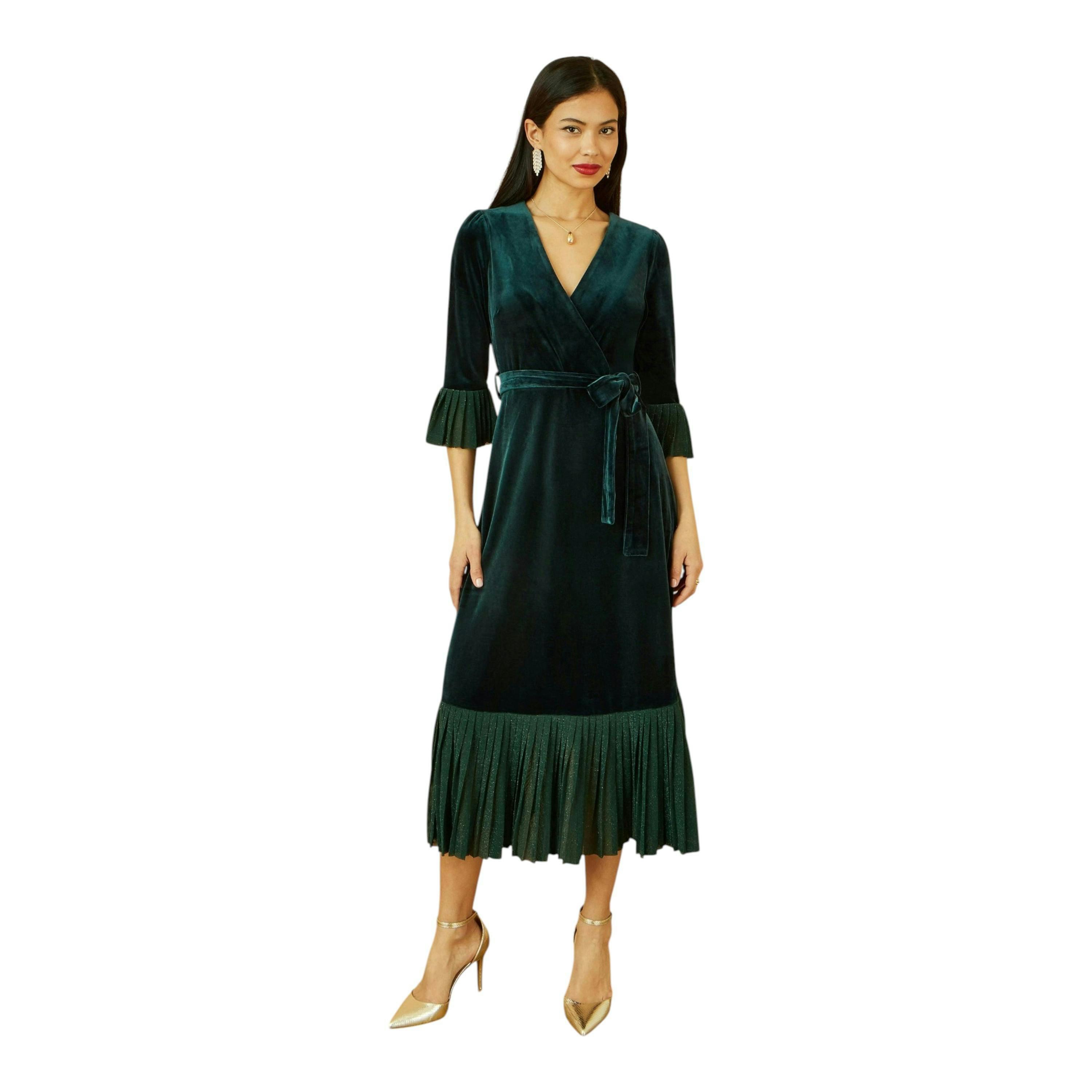 Yumi Green Velvet Wrap Midi Dress With Contrast Hemline , view 6 of 6