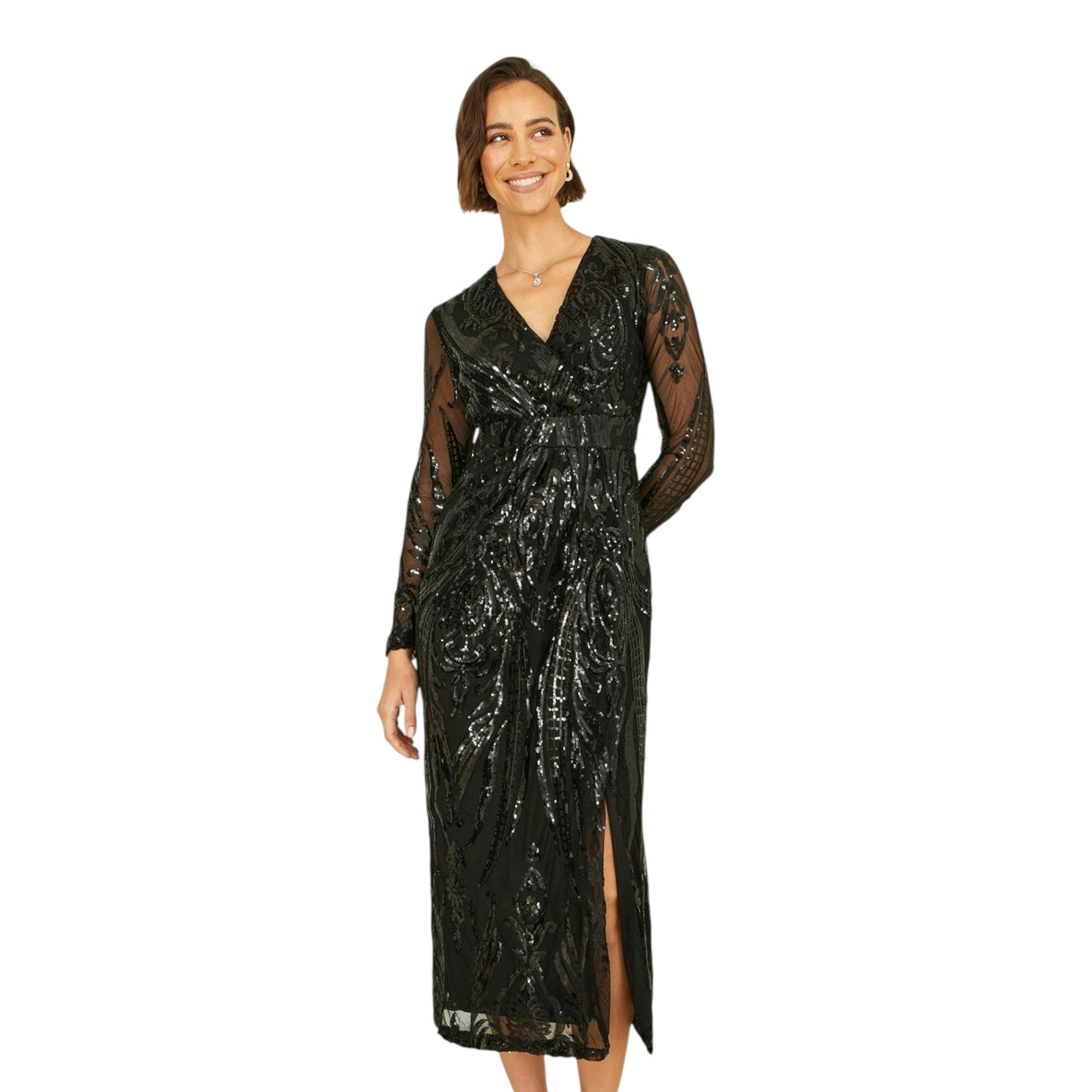 Yumi Black Sequin Midi Wrap Dress With Split Hemline And Long Sleeves , view 1 of 6