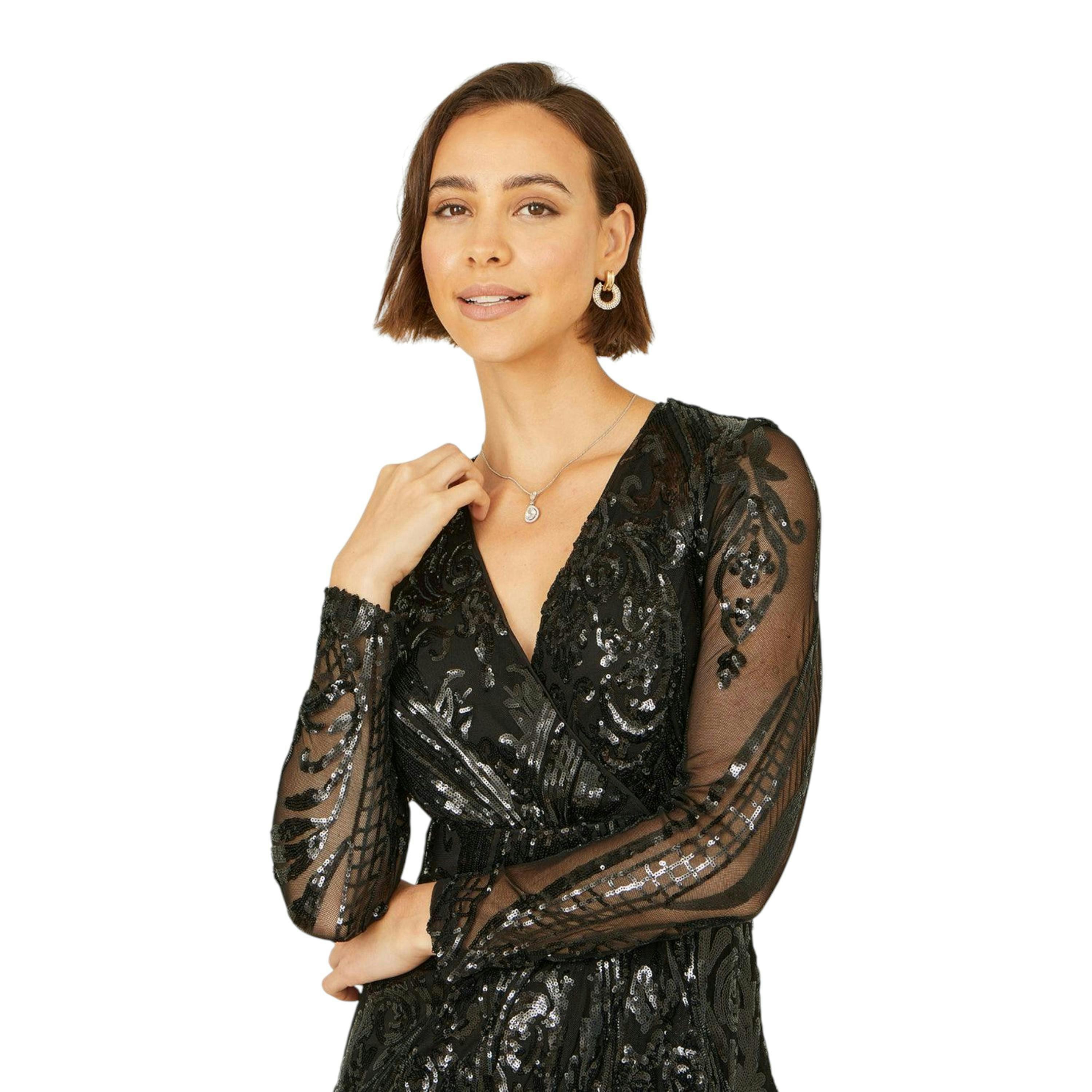 Yumi Black Sequin Midi Wrap Dress With Split Hemline And Long Sleeves , view 2 of 6