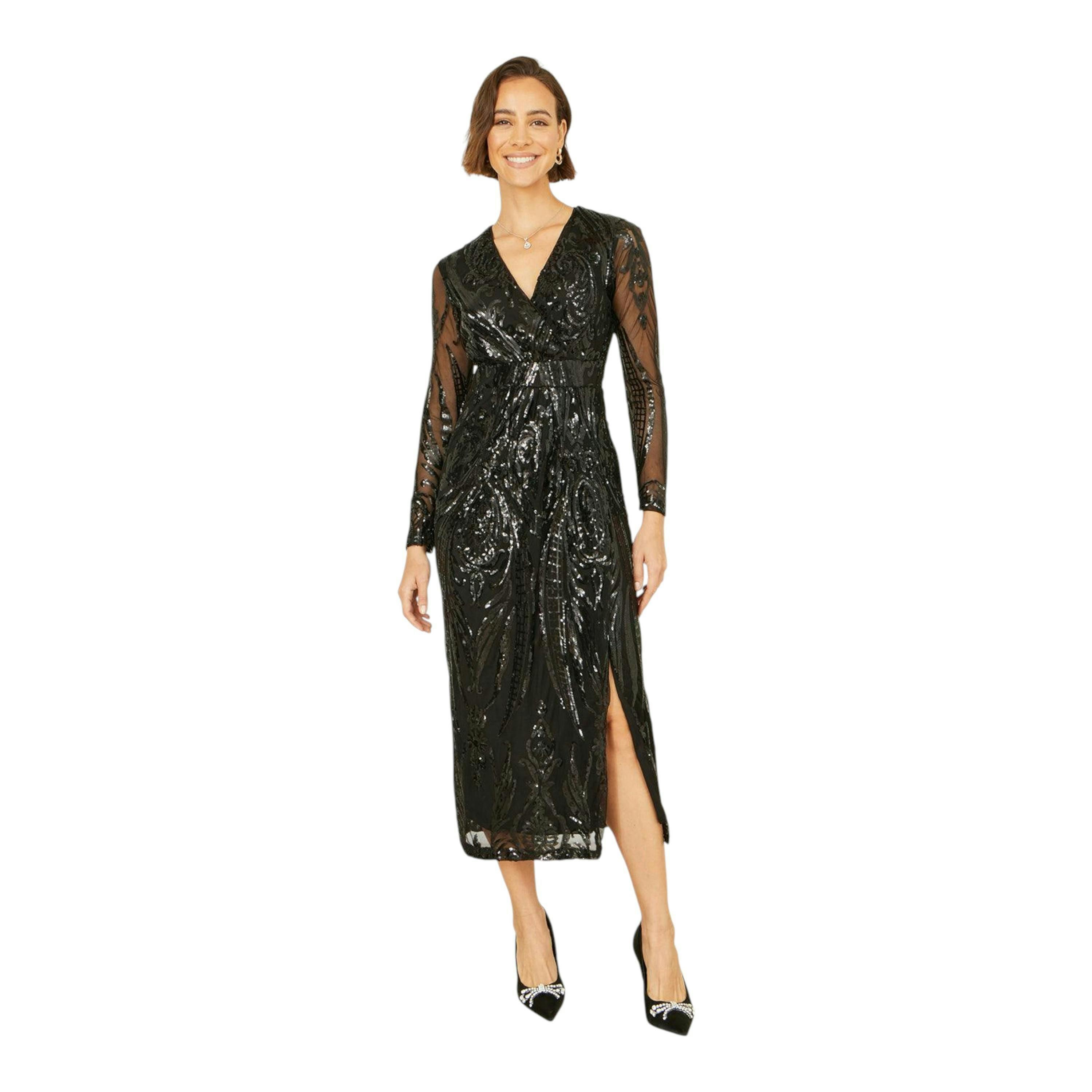 Yumi Black Sequin Midi Wrap Dress With Split Hemline And Long Sleeves , view 3 of 6