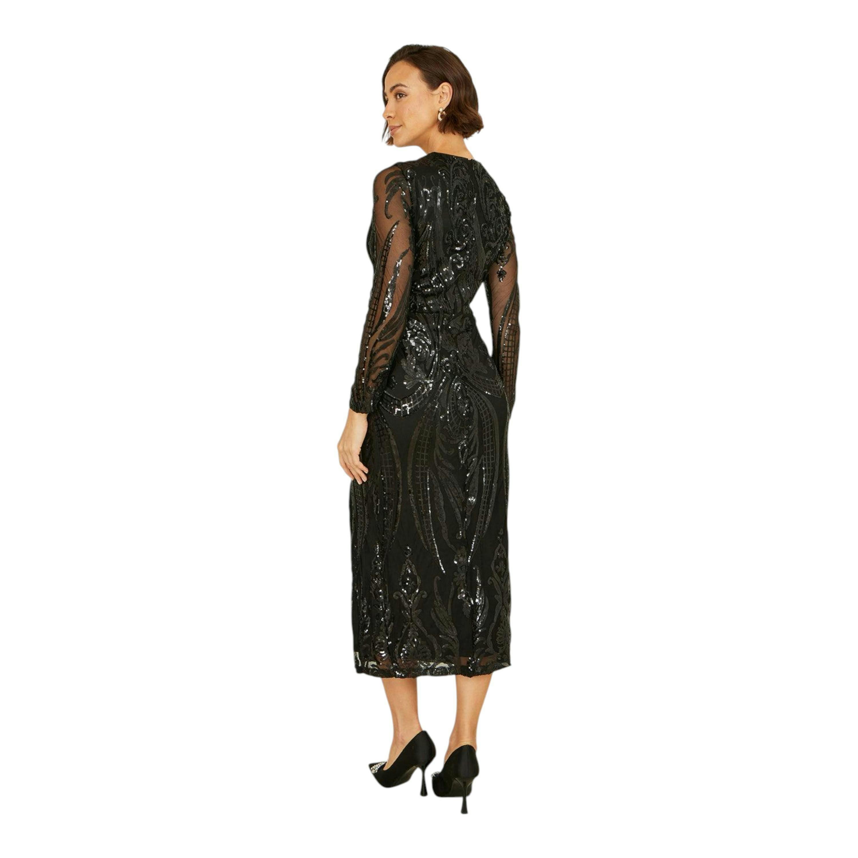 Yumi Black Sequin Midi Wrap Dress With Split Hemline And Long Sleeves , view 4 of 6