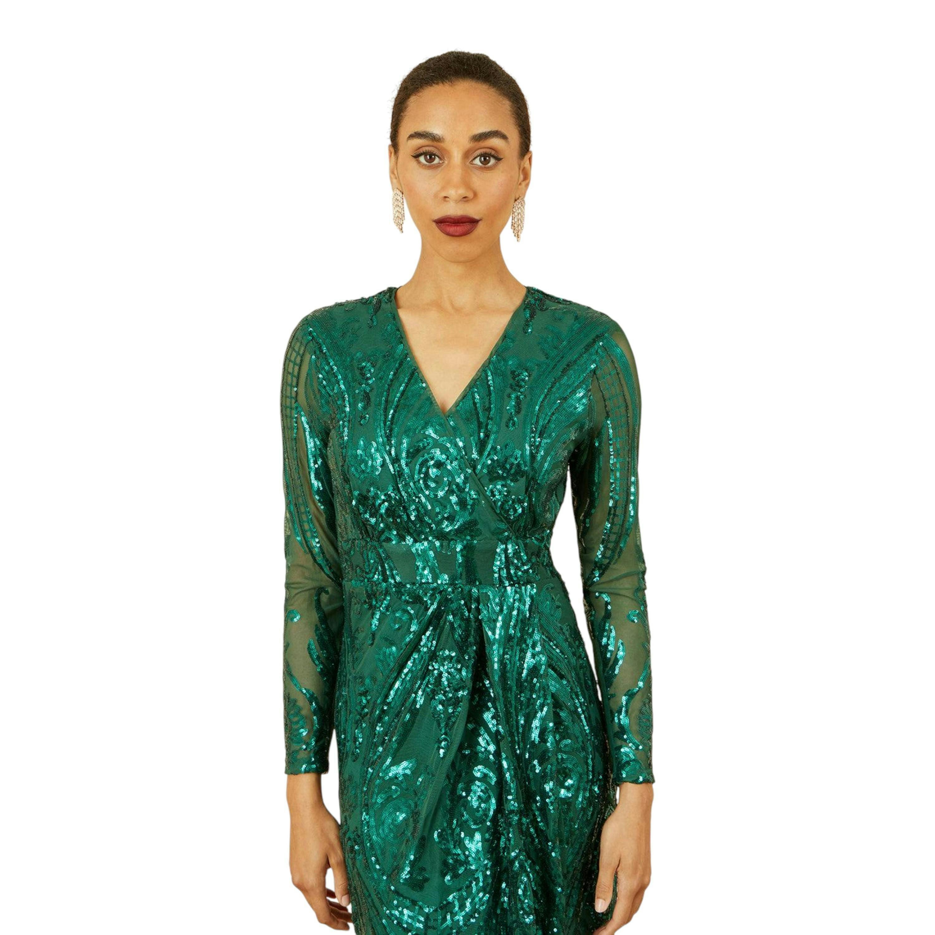 Yumi Green Sequin Midi Wrap Dress With Split Hemline And Long Sleeves , view 2 of 6
