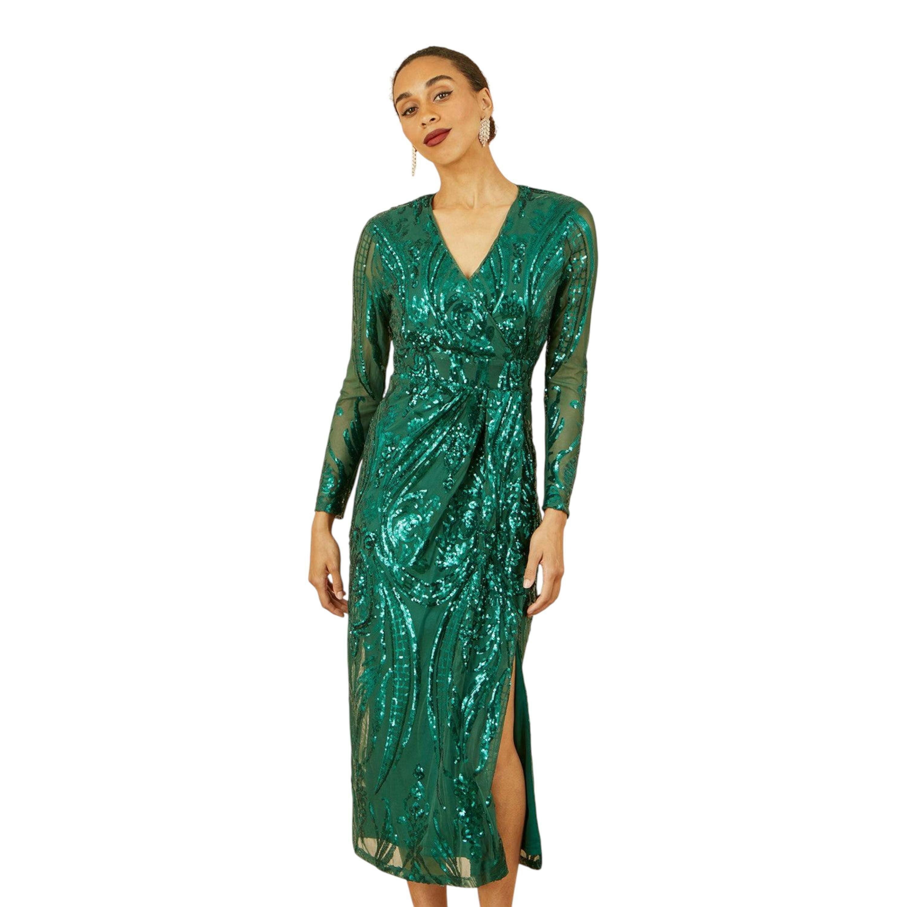 Yumi Green Sequin Midi Wrap Dress With Split Hemline And Long Sleeves , view 4 of 6