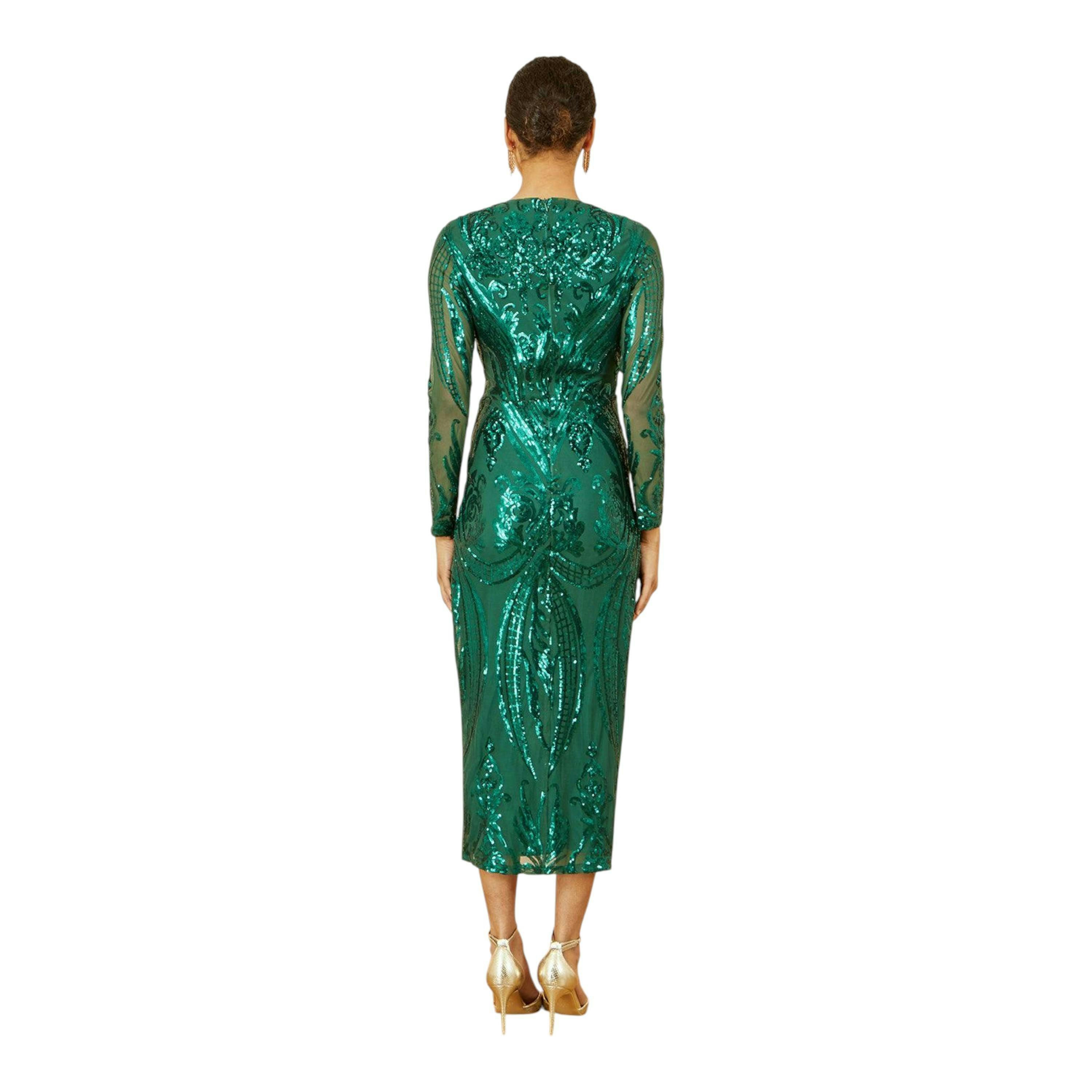 Yumi Green Sequin Midi Wrap Dress With Split Hemline And Long Sleeves , view 5 of 6