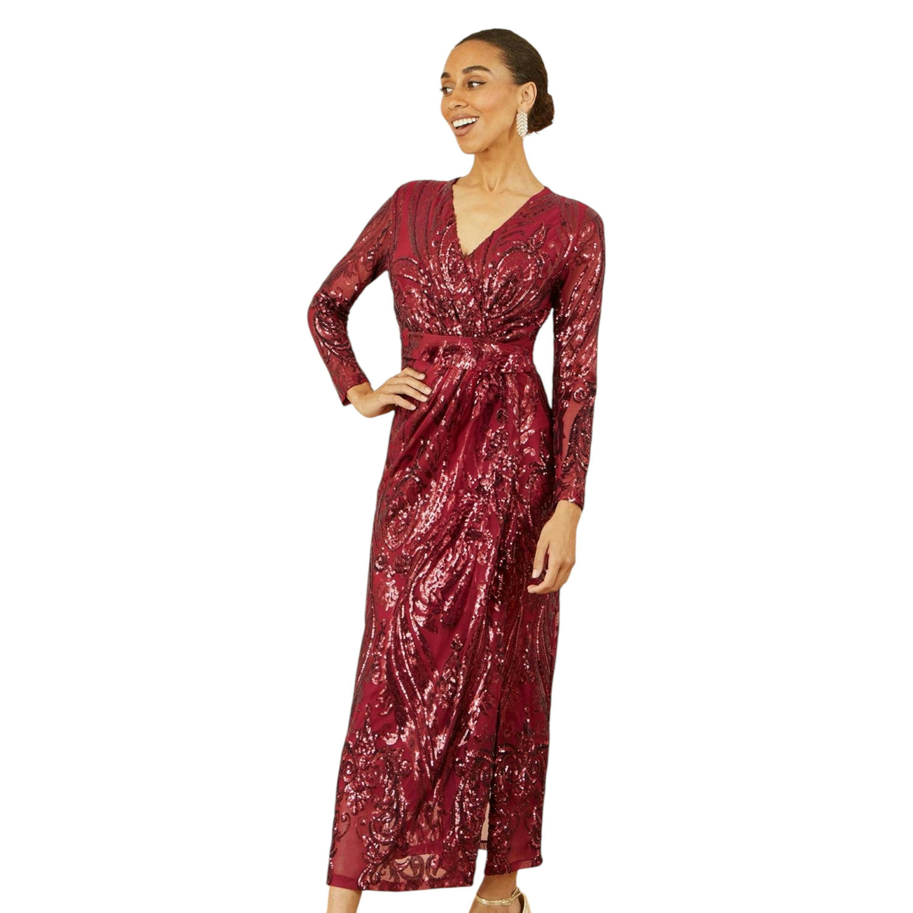Yumi Red Sequin Midi Wrap Dress With Split Hemline And Long Sleeves , view 1 of 6