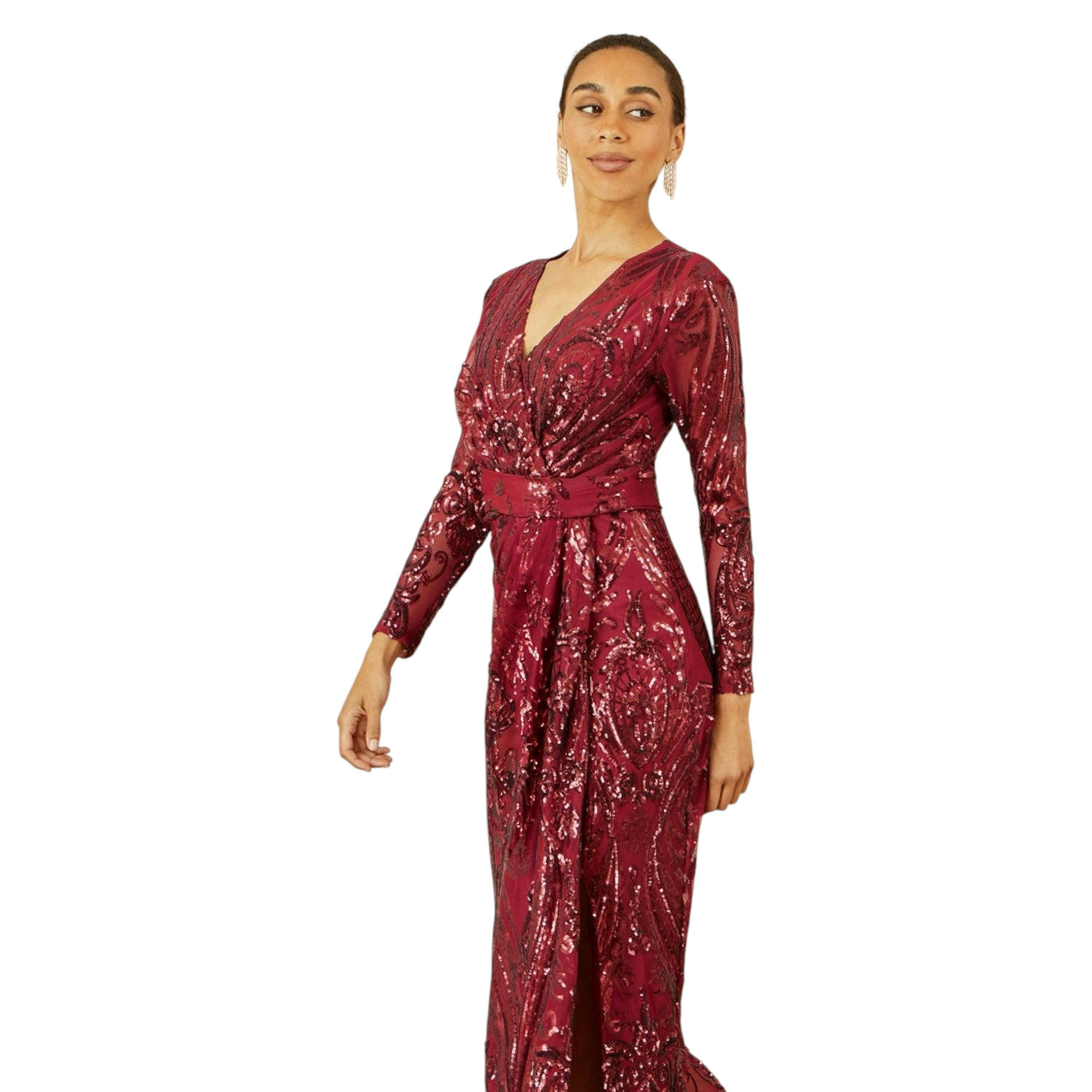 Yumi Red Sequin Midi Wrap Dress With Split Hemline And Long Sleeves , view 2 of 6