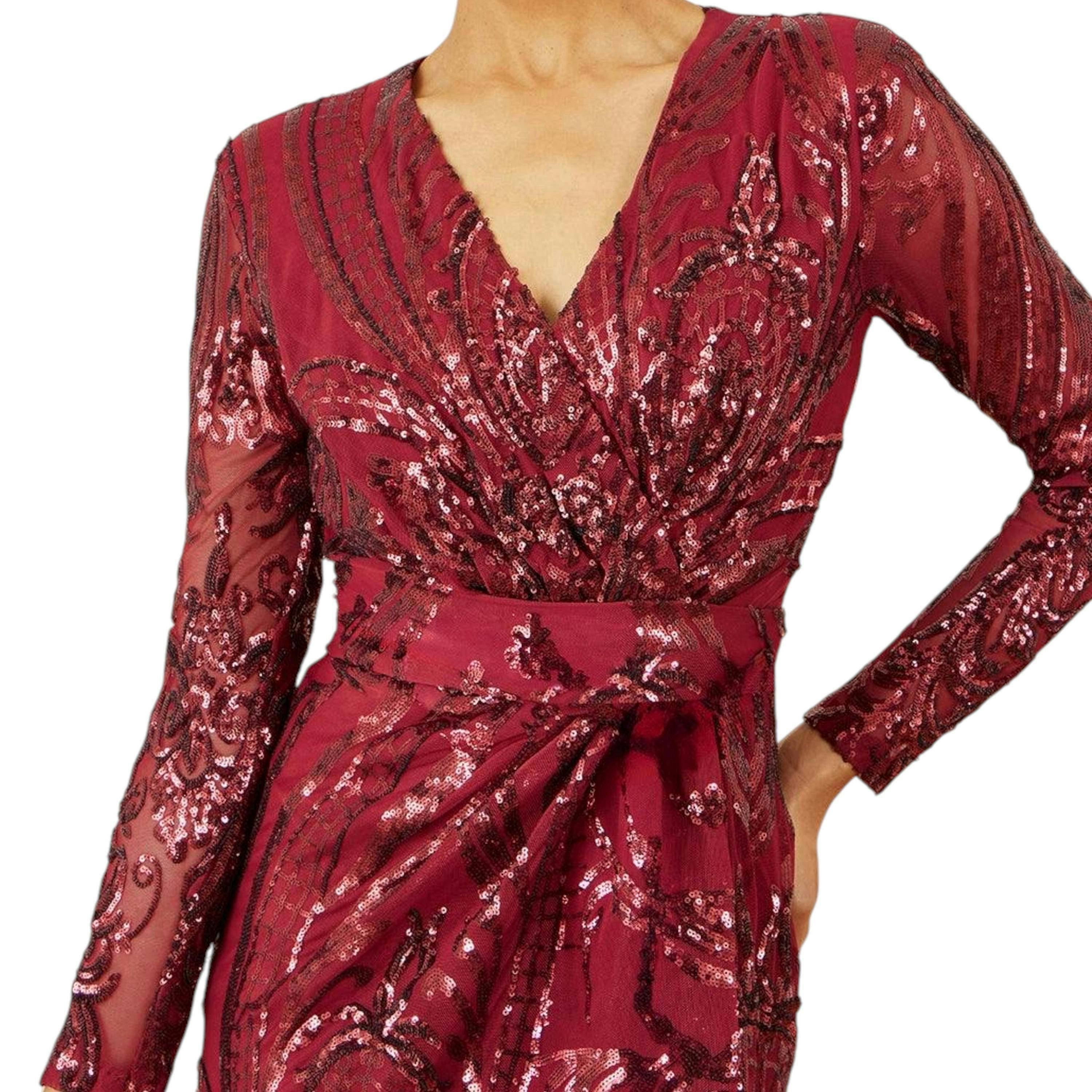 Yumi Red Sequin Midi Wrap Dress With Split Hemline And Long Sleeves , view 3 of 6