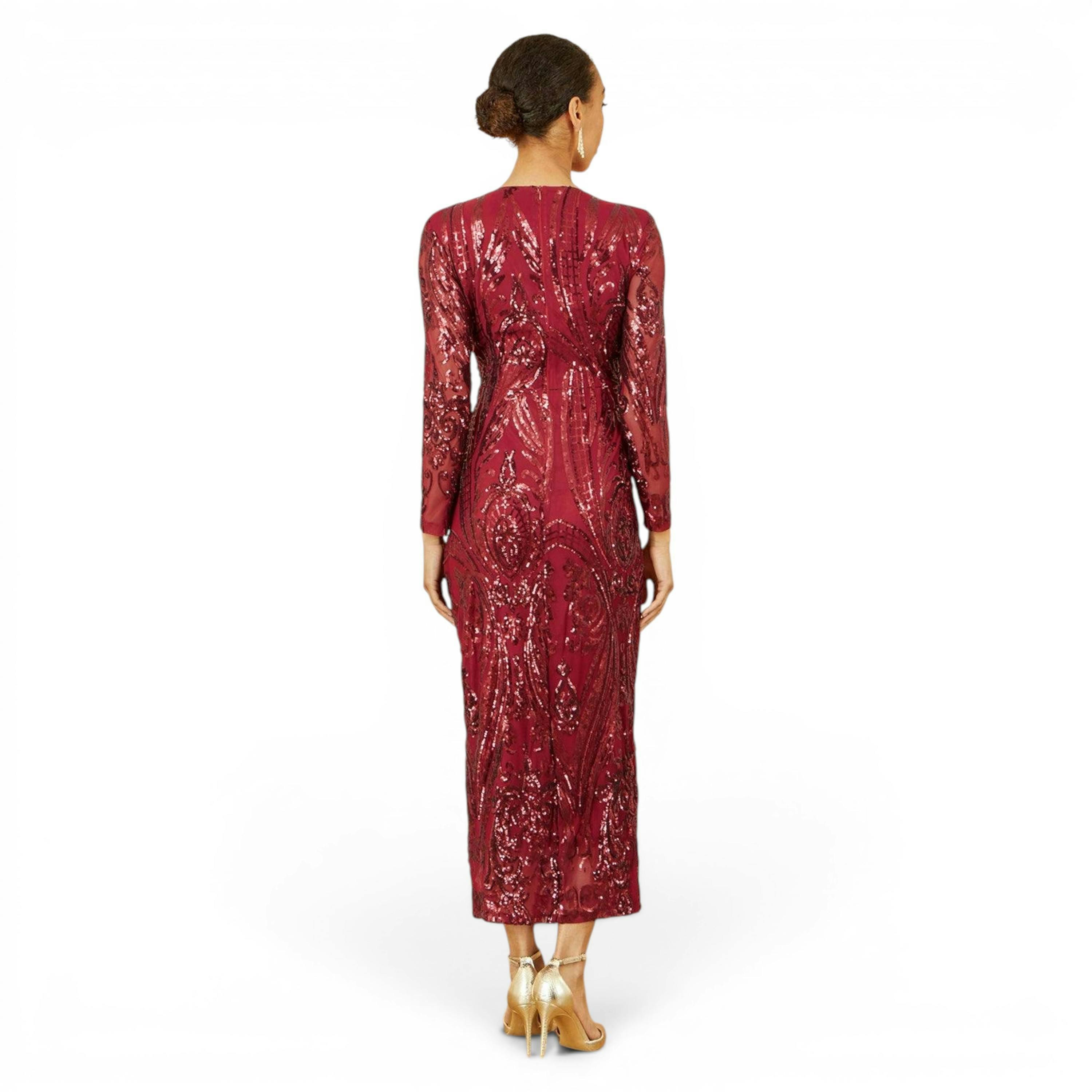 Yumi Red Sequin Midi Wrap Dress With Split Hemline And Long Sleeves , view 4 of 6