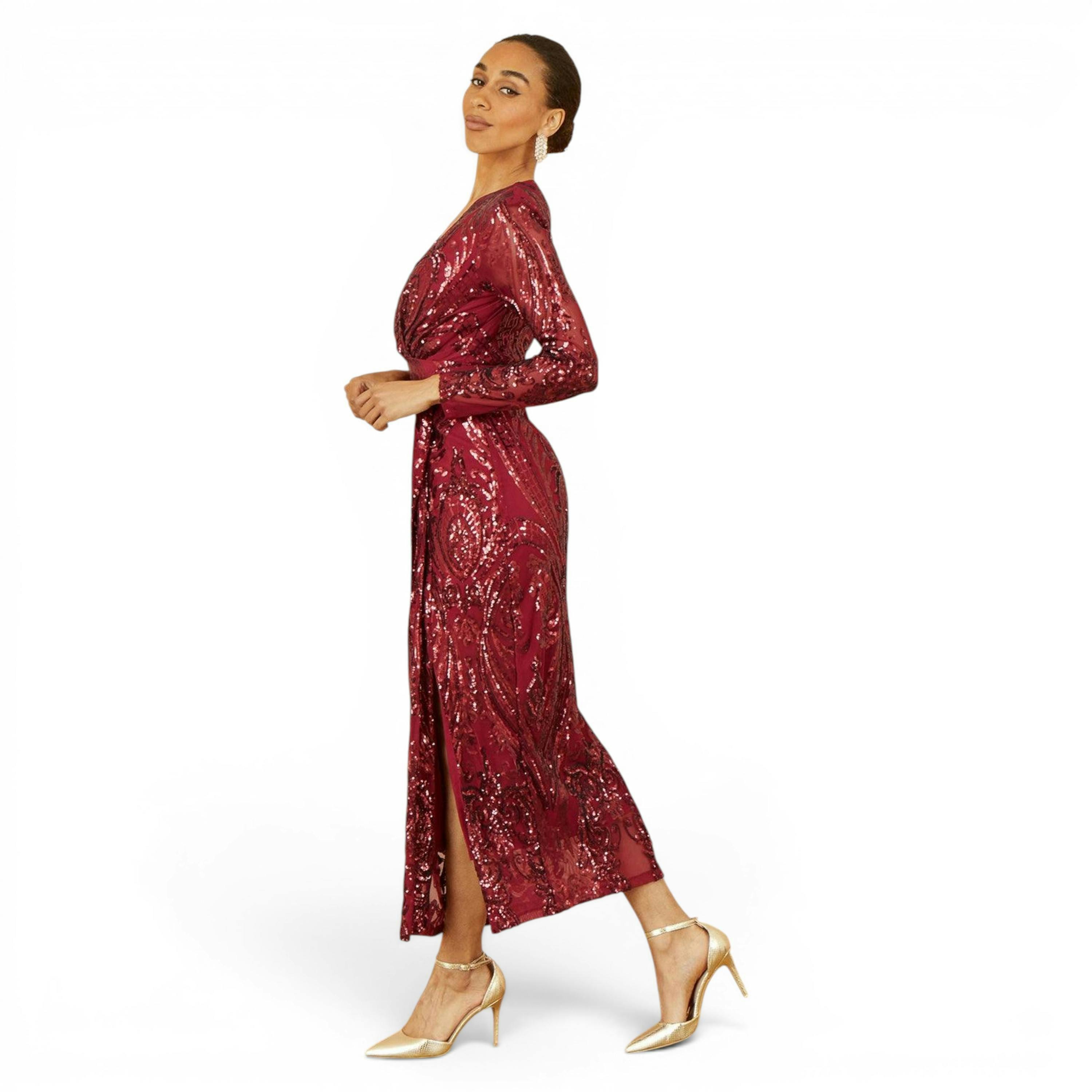 Yumi Red Sequin Midi Wrap Dress With Split Hemline And Long Sleeves , view 5 of 6