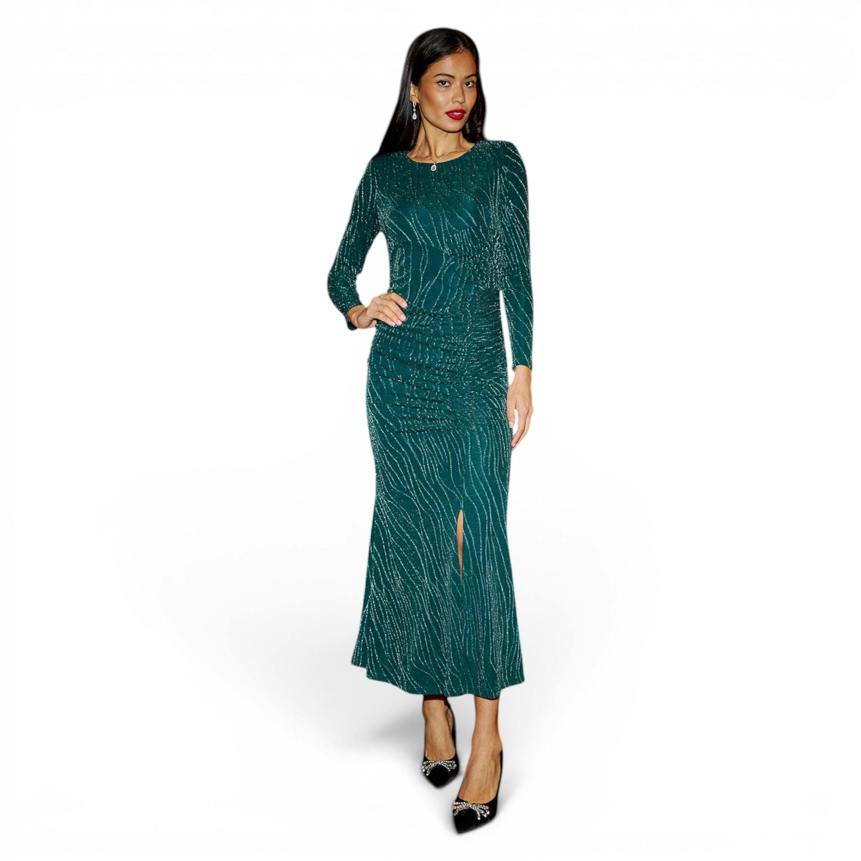 Yumi Green Mesh Fitted Ruched Midi Dress With Long Sleeves , view 1 of 6