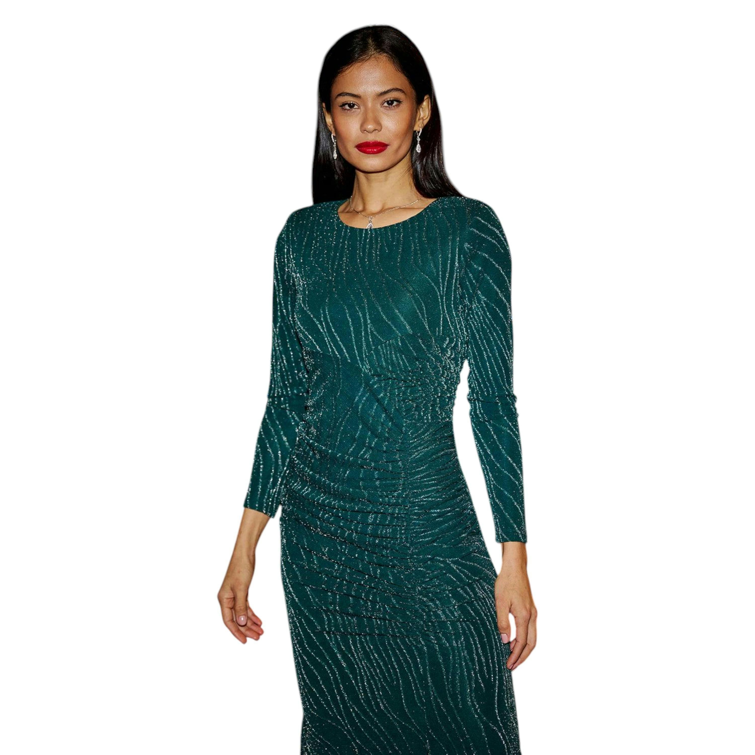 Yumi Green Mesh Fitted Ruched Midi Dress With Long Sleeves , view 2 of 6