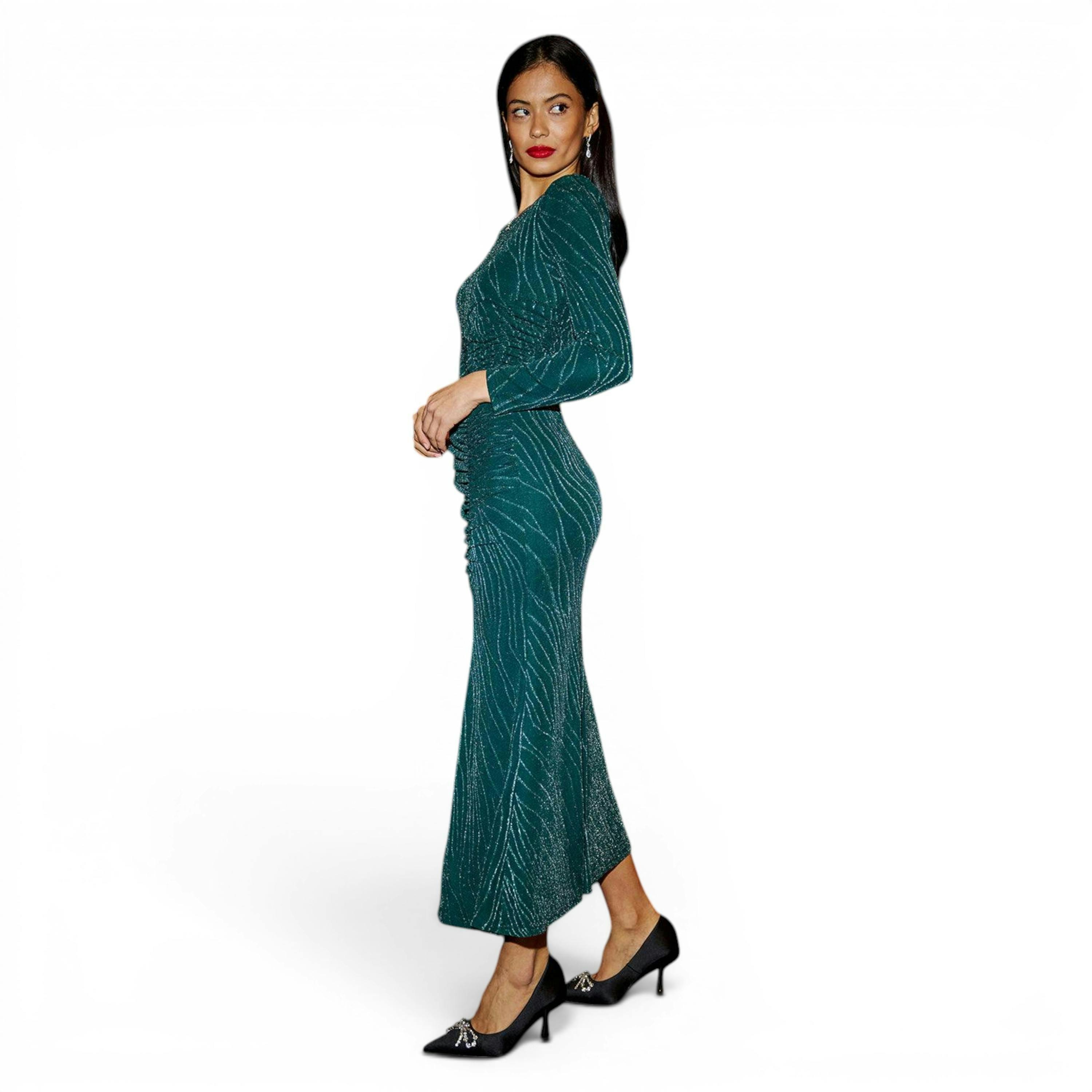 Yumi Green Mesh Fitted Ruched Midi Dress With Long Sleeves , view 3 of 6