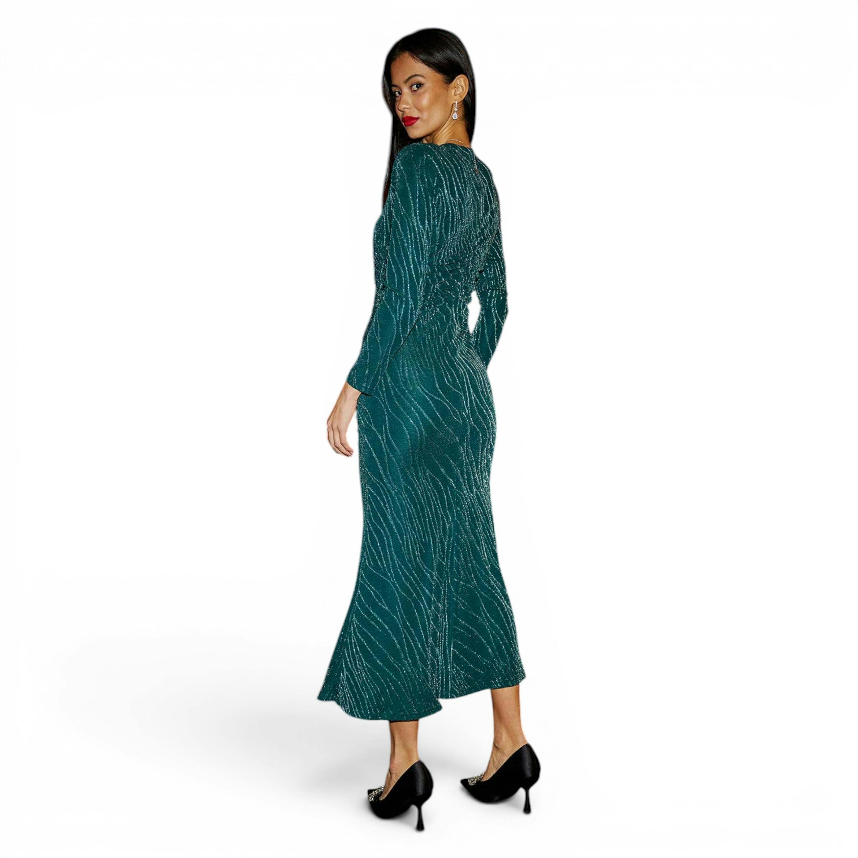 Yumi Green Mesh Fitted Ruched Midi Dress With Long Sleeves , view 5 of 6