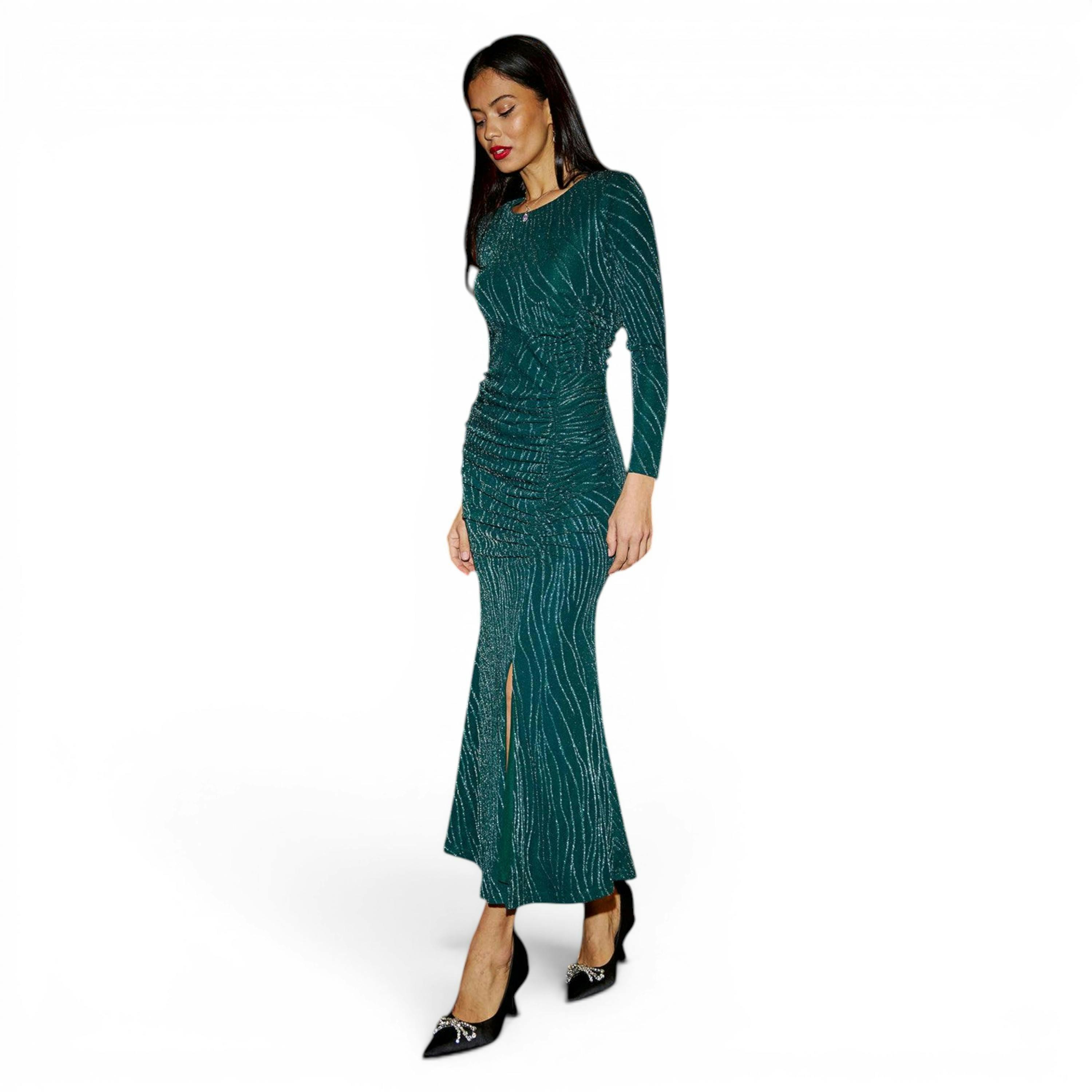 Yumi Green Mesh Fitted Ruched Midi Dress With Long Sleeves , view 6 of 6